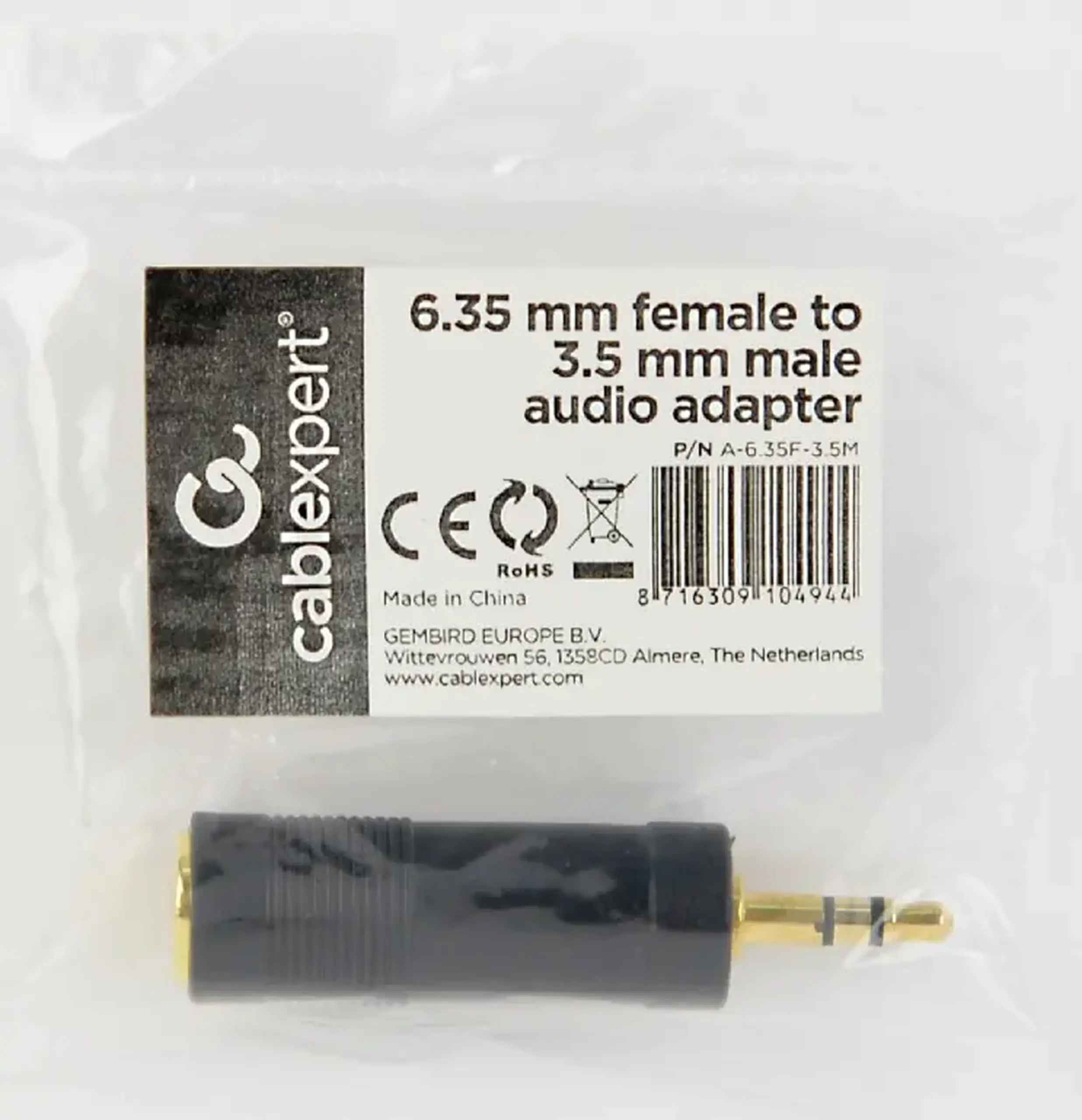 Audio Adaptor Cablexpert A-6.35F-3.5M, 6.35mm 3-pin (F) - 3.5mm 3-pin (M), Negru