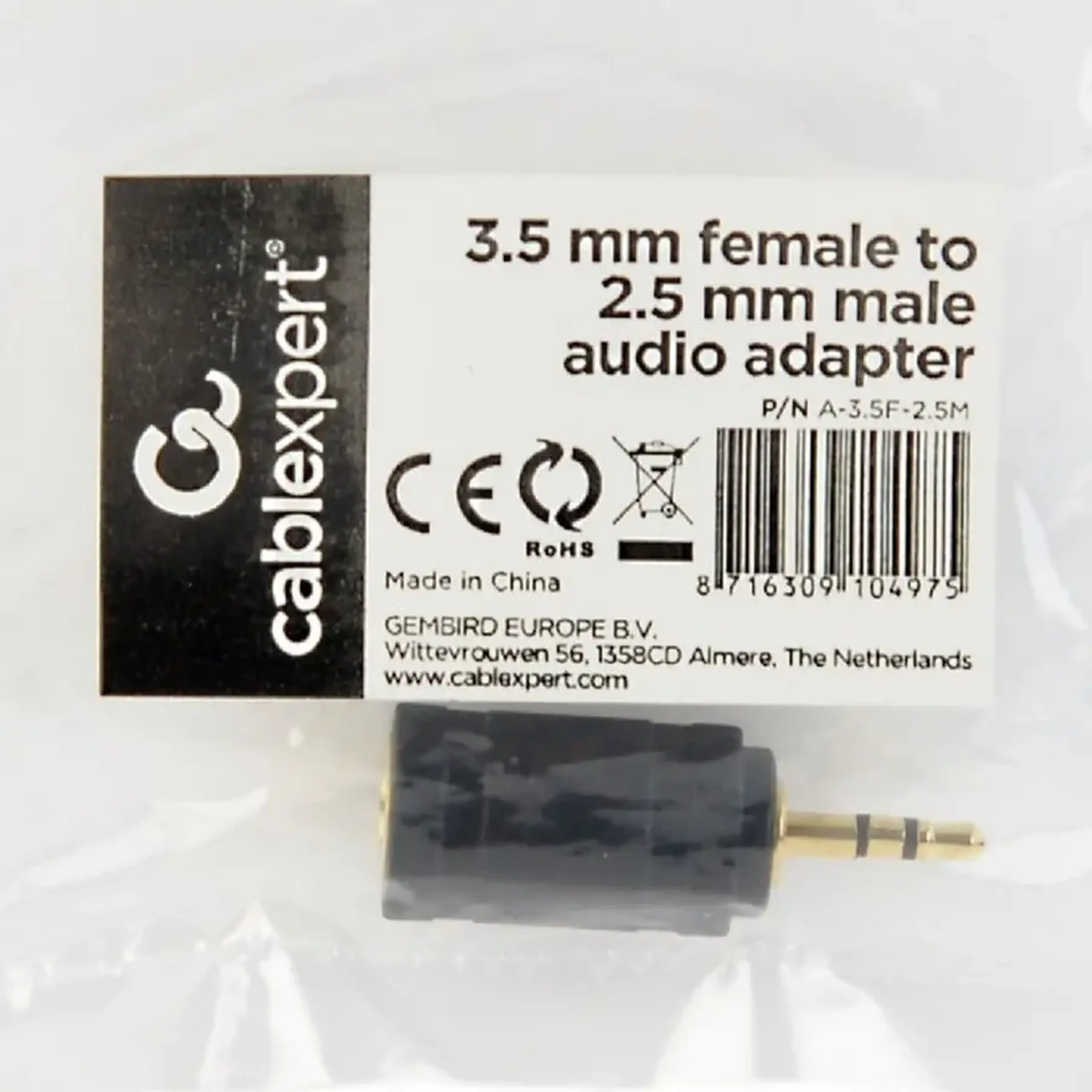 Audio Adaptor Cablexpert A-3.5F-2.5M, 3.5mm 3-pin (F) - 2.5mm 3-pin (M), Negru