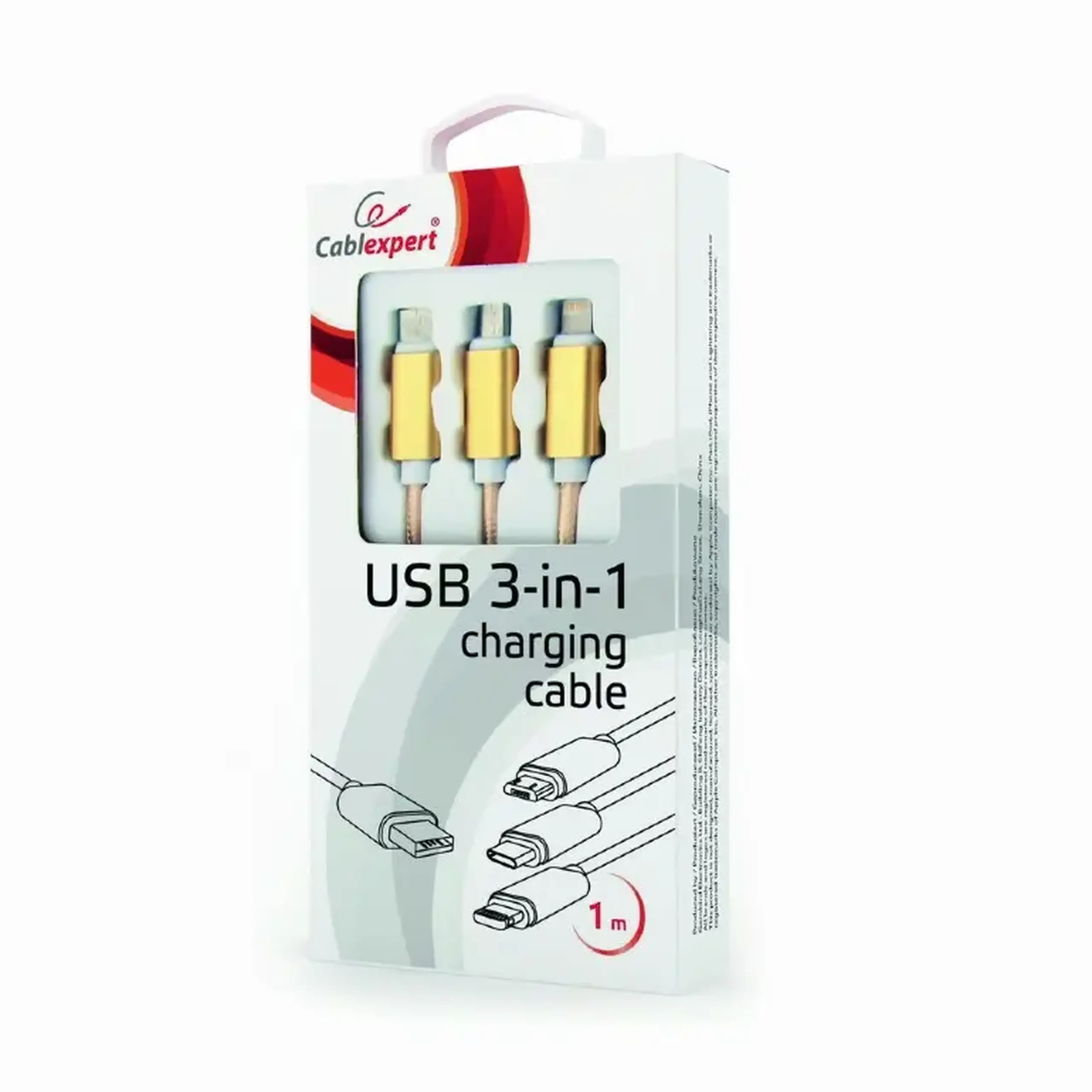 Cablu încărcare și sincronizare Cablexpert CC-USB2-AM31-1M-G, USB Type-A/Micro USB, Type-C, Lighting, 1m, Alb