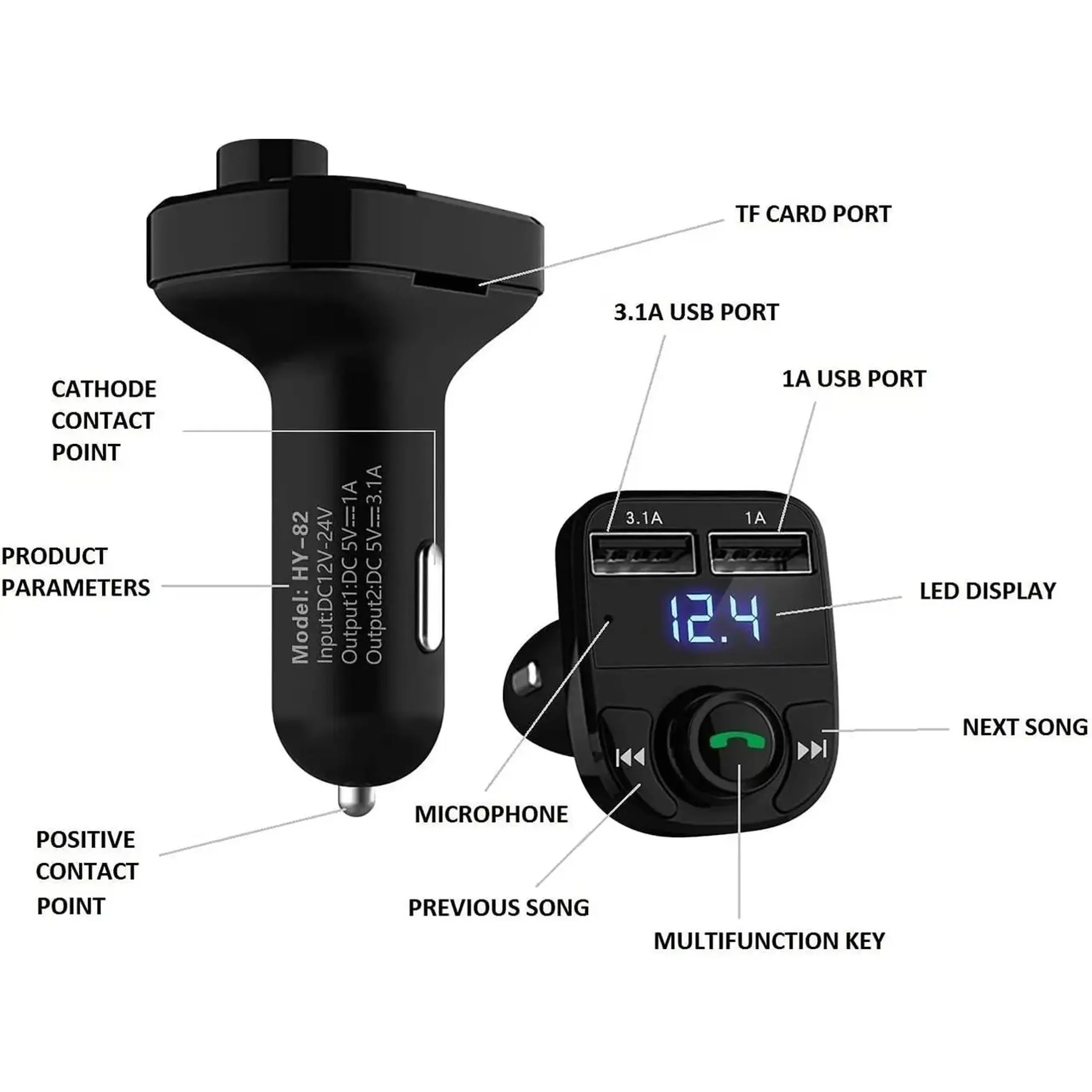 Modulator FM, Bluetooth 5.0, transmitator FM cu functie de incarcator auto, incarcare rapida, port USB de tip C, port auxiliar