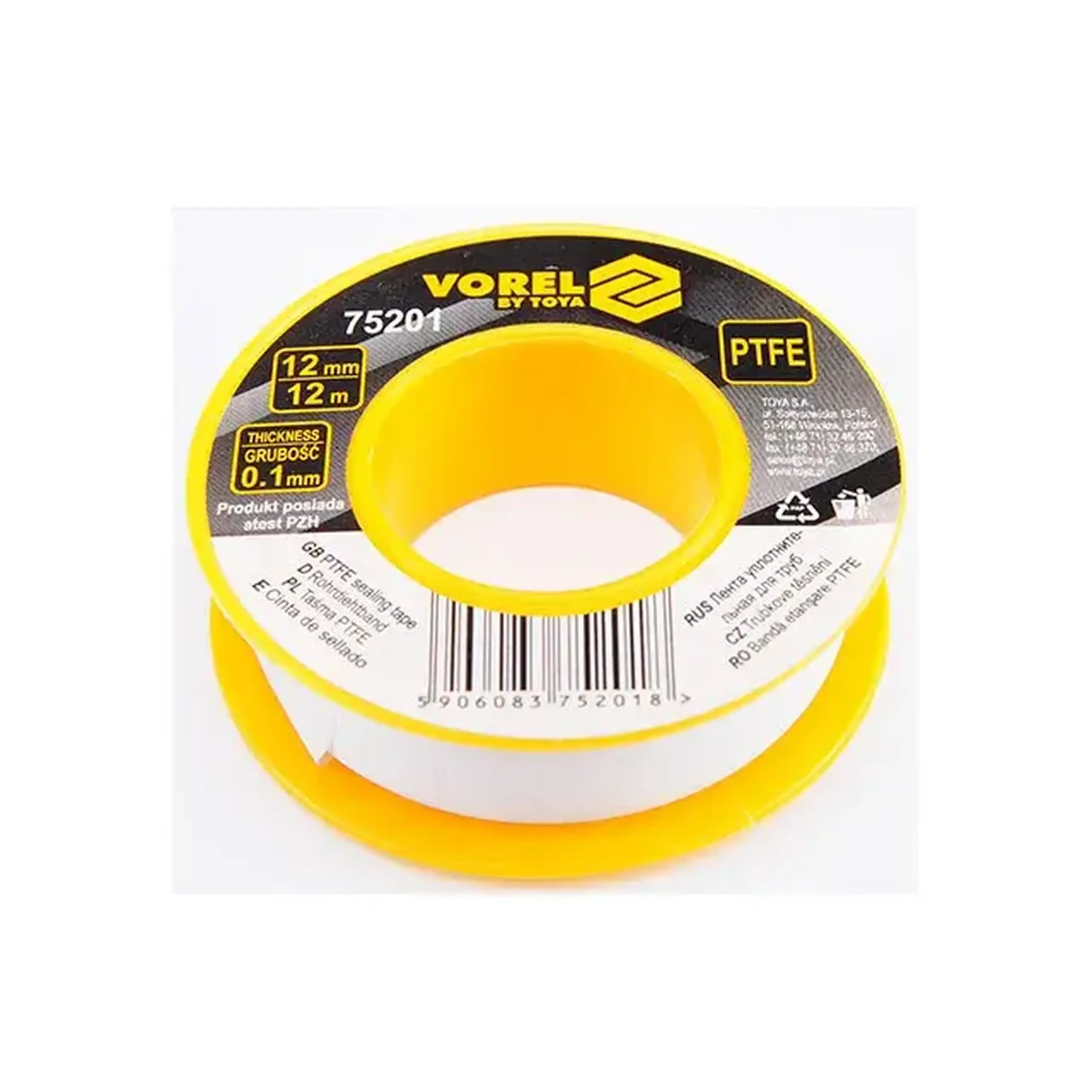 Bandă de teflon Vorel 12 x 0.1 mm alb