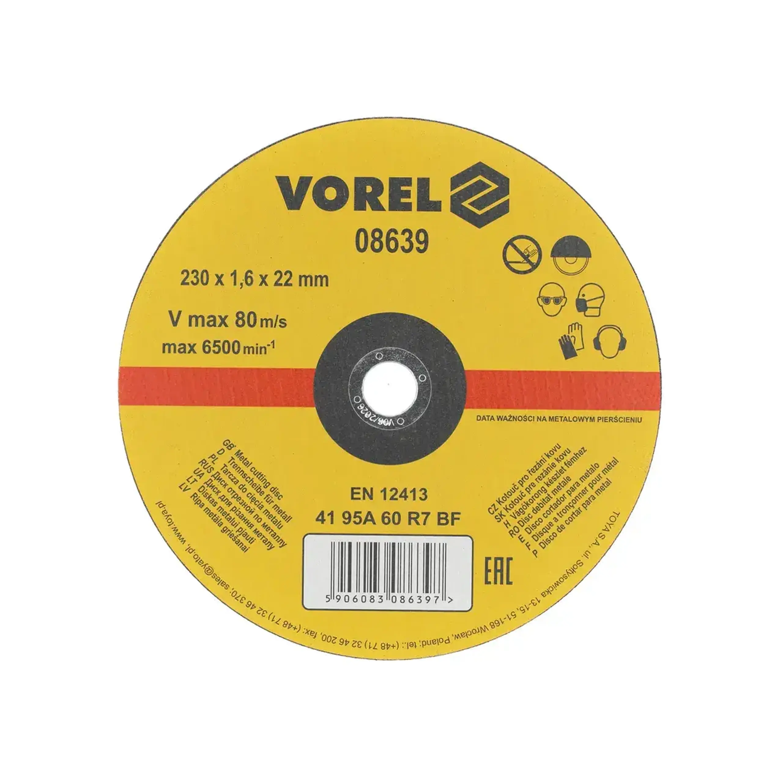 Disc de tăiat pentru metal 125 * 22 mm Vorel - 1.6 mm (L x W x H x Ø) 230 *