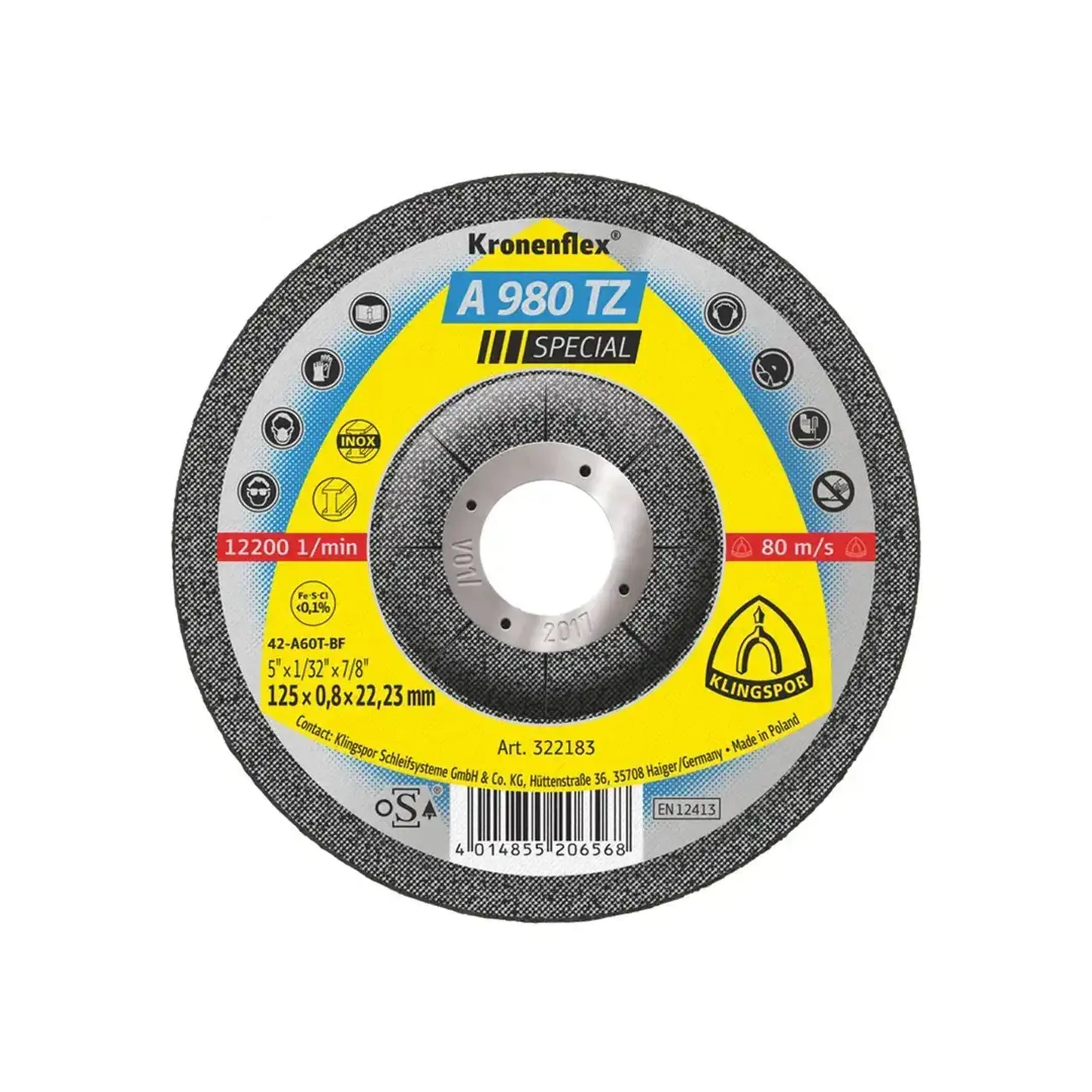 Disc de tăiat pentru inox SPECIAL A60TZ 115 * 22 mm Klingspor - 125 * SPECIAL A980TZ