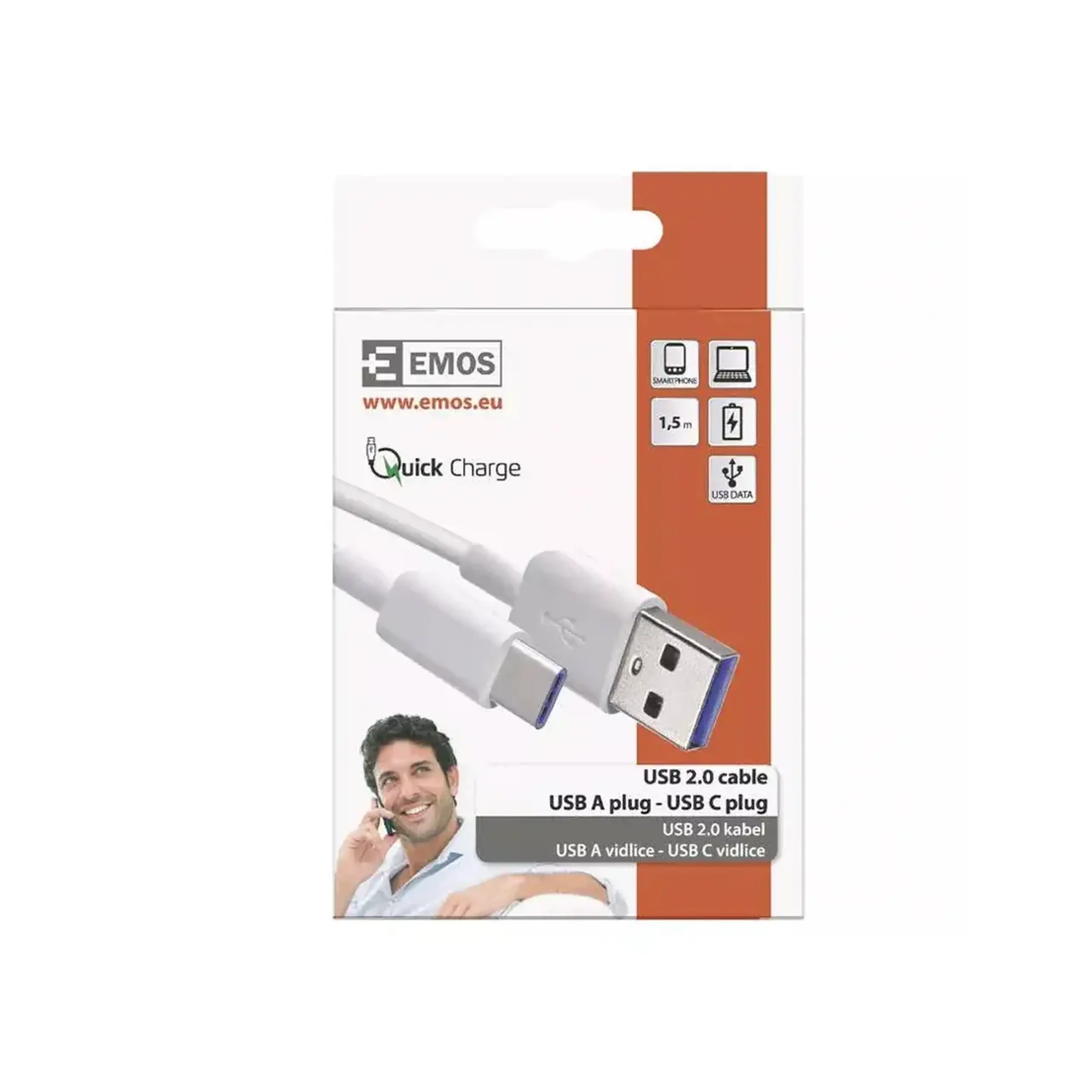 Cablu USB A - Type C 1.5 m 22.5 W EMOS - Culoare Alb