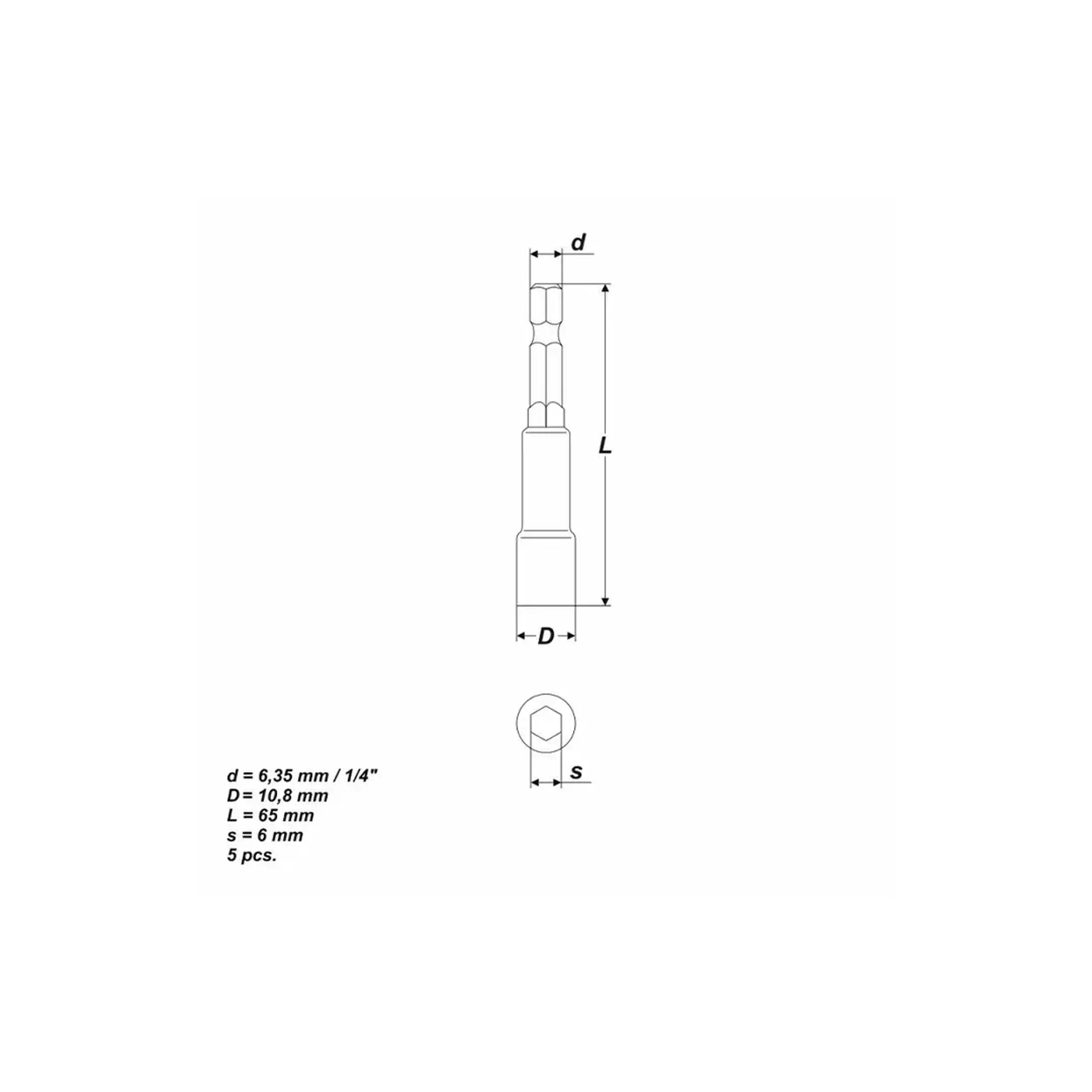 Bit tubular hexagonal 6 mm 1/4" 65 mm VOLKERS