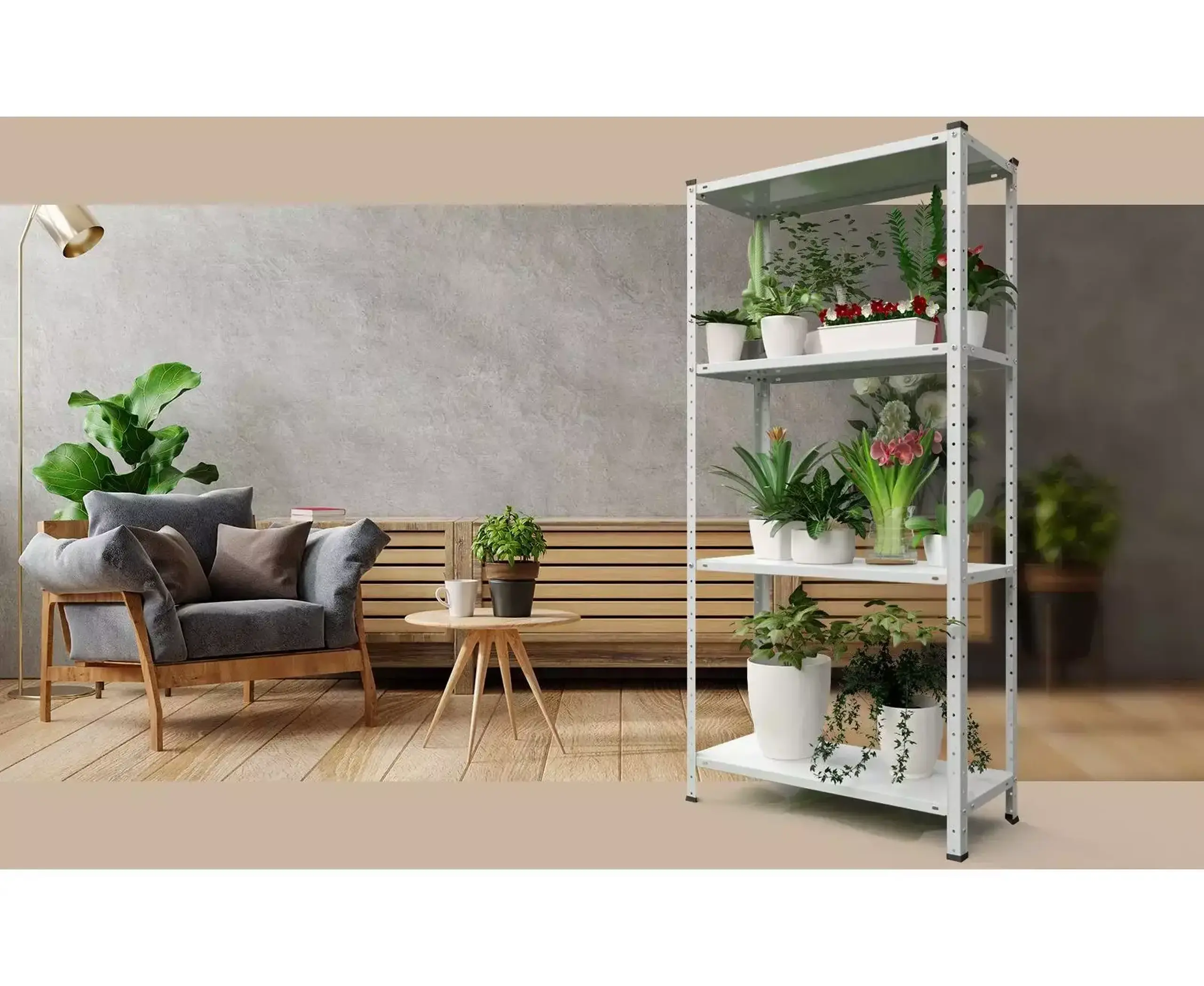 Raft metalic de depozitare cu suruburi Nex REK 1500x750x300 mm, 4 rafturi metal, white