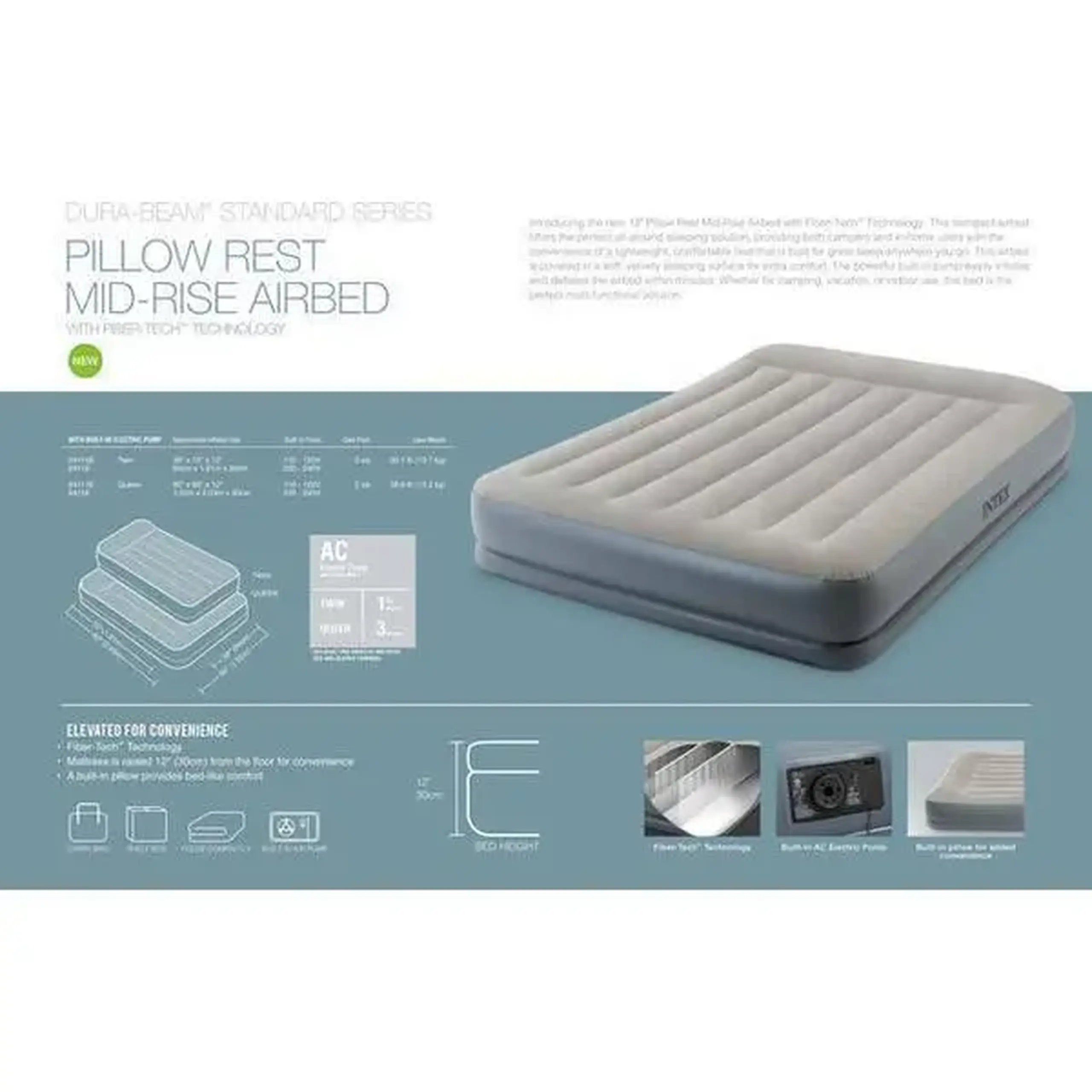 INTEX Saltea gonflabilă “Velur MID-Rise Air” 152x203x30 cm cu tetieră și pompă încorporată 220V, până la 272 kg