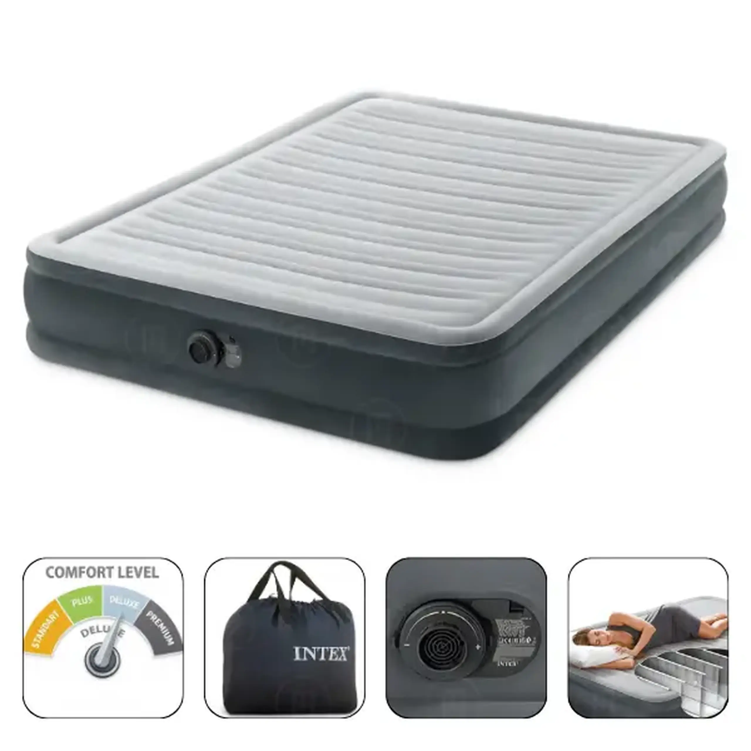 INTEX Pat gonflabil “Velur Comfort-Plush” 152x203x33 cm cu pompă încorporată 220V, până la 272 kg