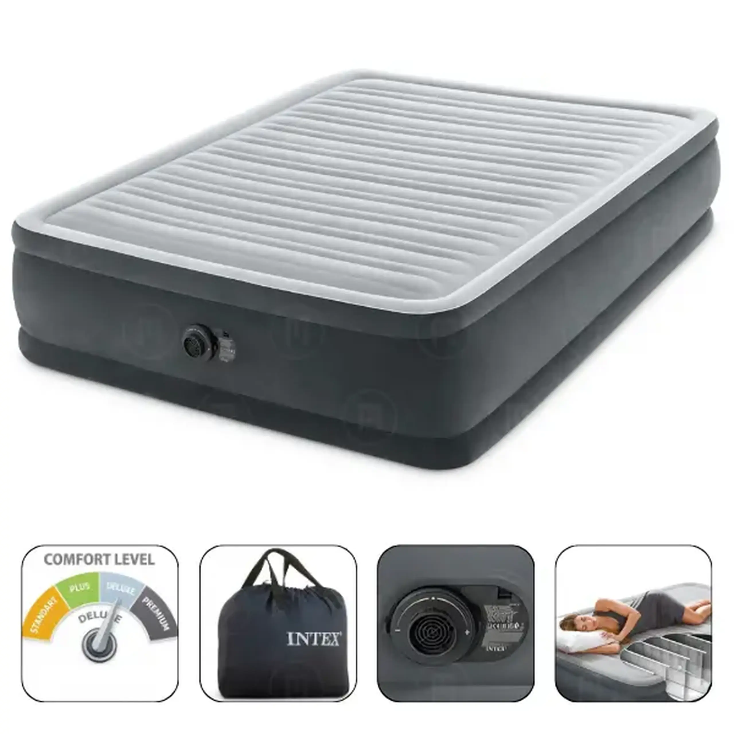 INTEX Pat gonflabil “Velur Comfort-Plush” 152х203х46 cm cu pompă încorporată 220V, până la 272 kg