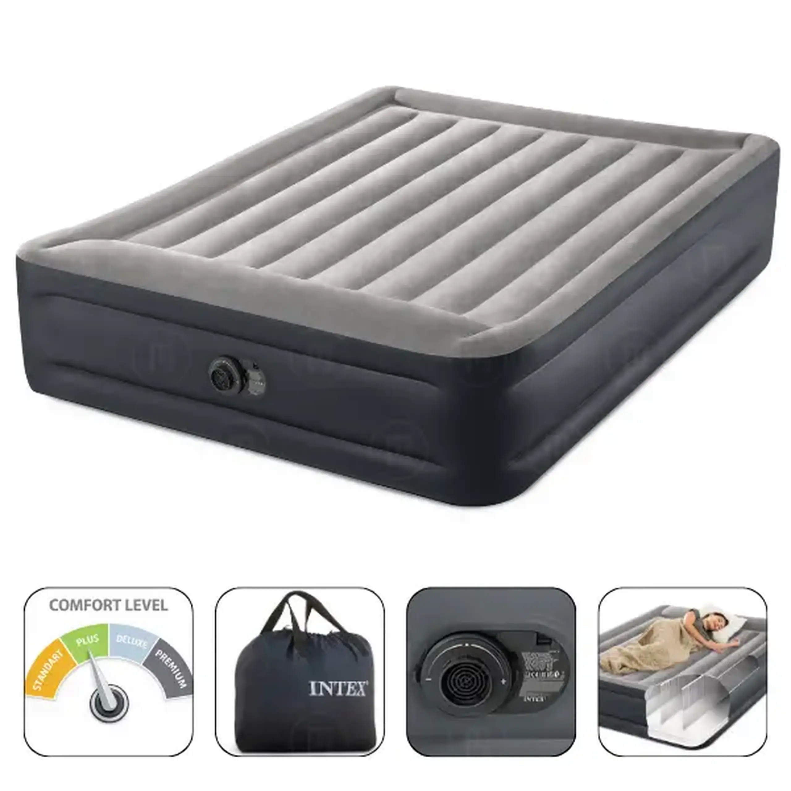 INTEX Pat gonflabil “Velur Deluxe” 152x203x42 cm cu tetieră și pompă încorporată 220V, până la 272 kg