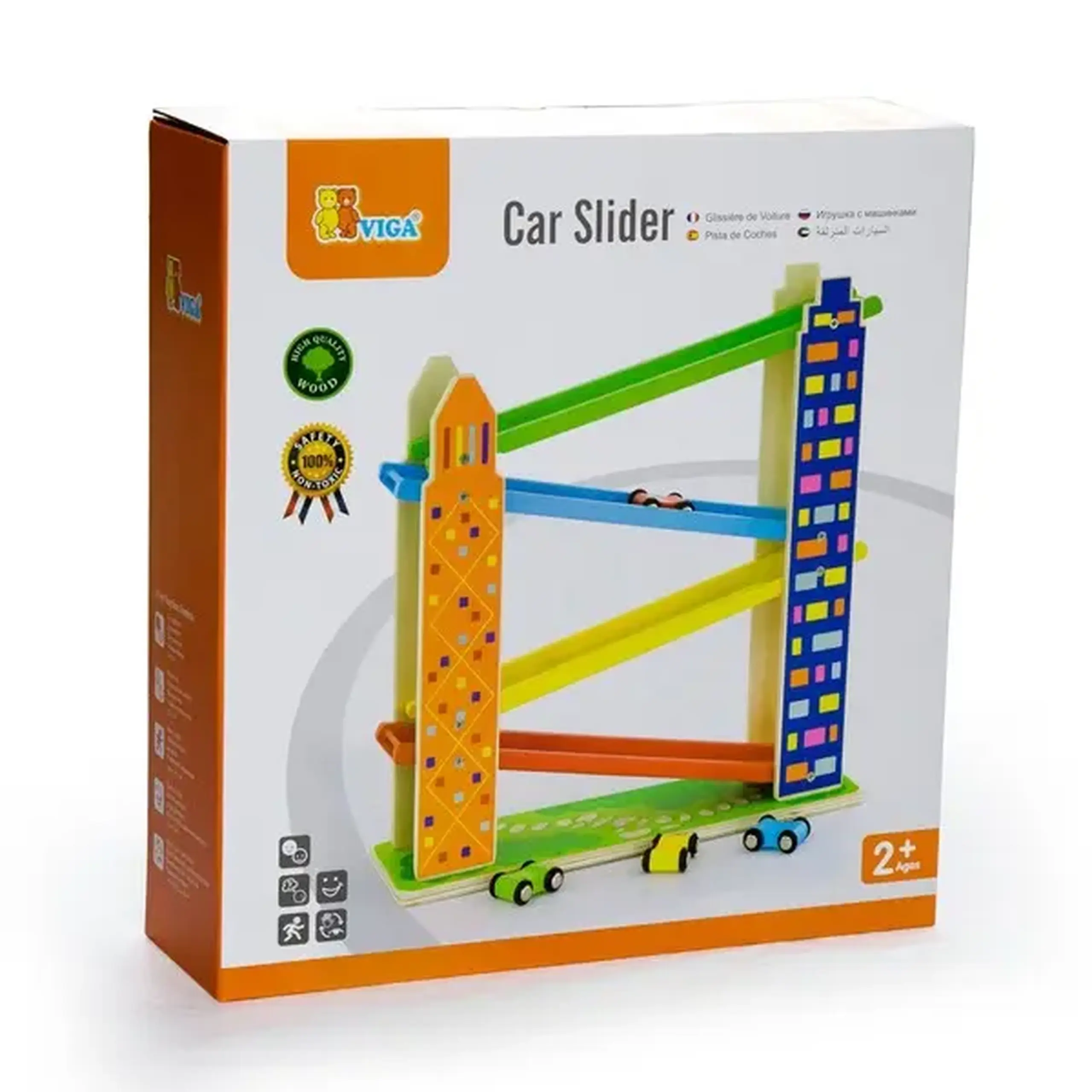 Pistă auto din lemn cu tobogan și mașini "Clădiri"