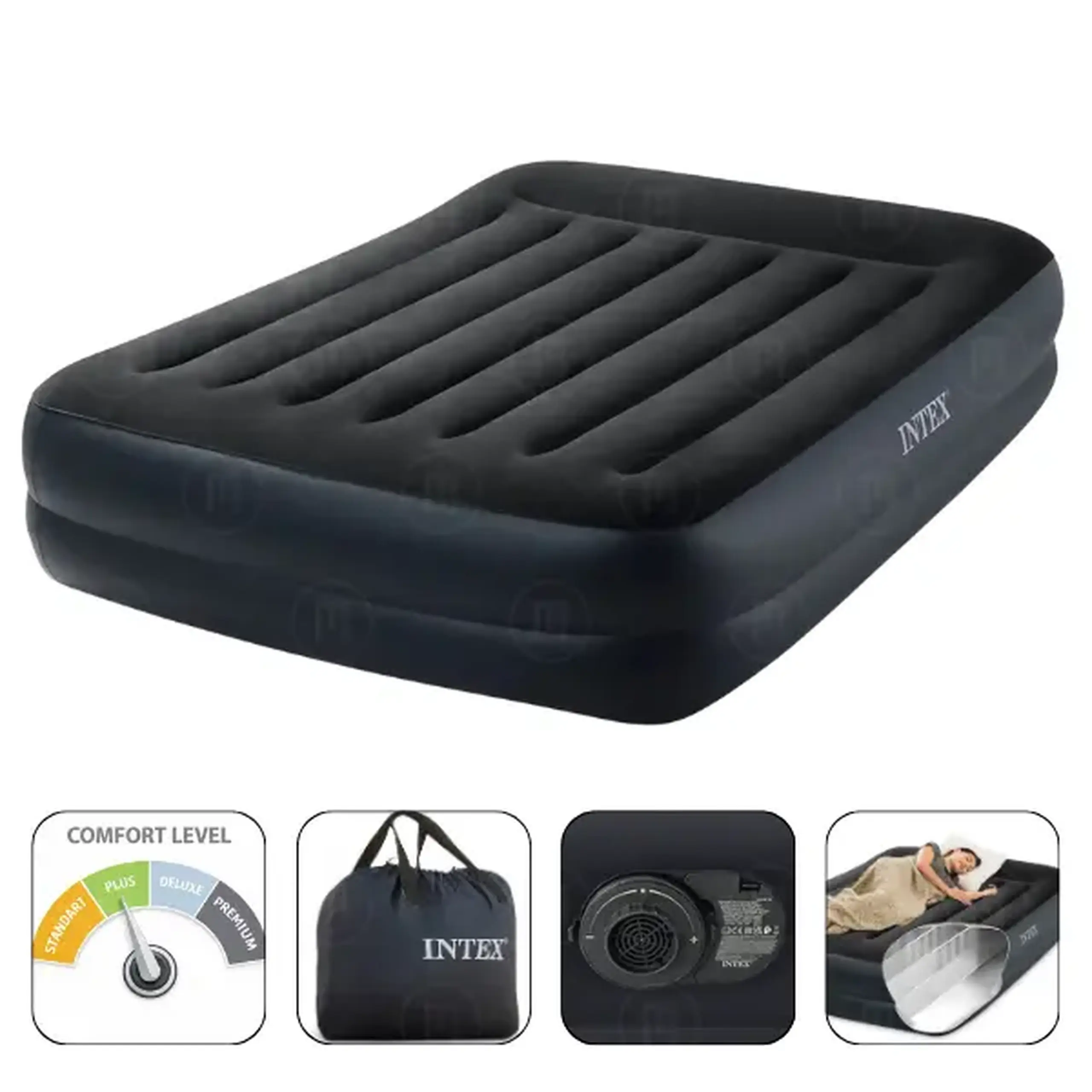 INTEX Saltea gonflabilă "Velur Pillow" 152x203x42 cm cu tetieră și pompă încorporată 220V, până la 272kg