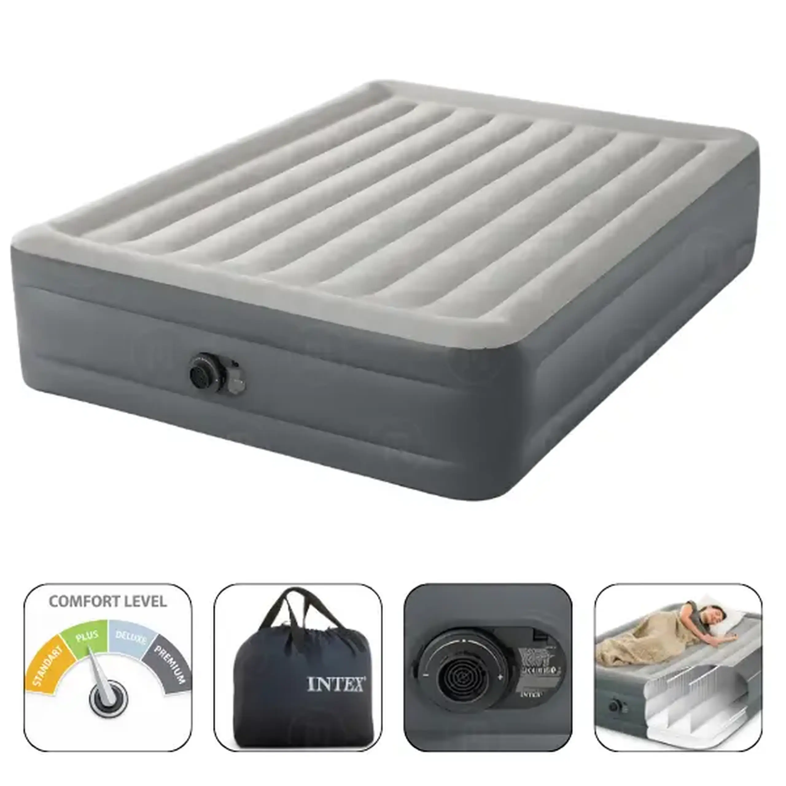 INTEX Pat gonflabil “Velur Deluxe” 152x203x46 cm cu pompă încorporată 220V, până la 272 kg