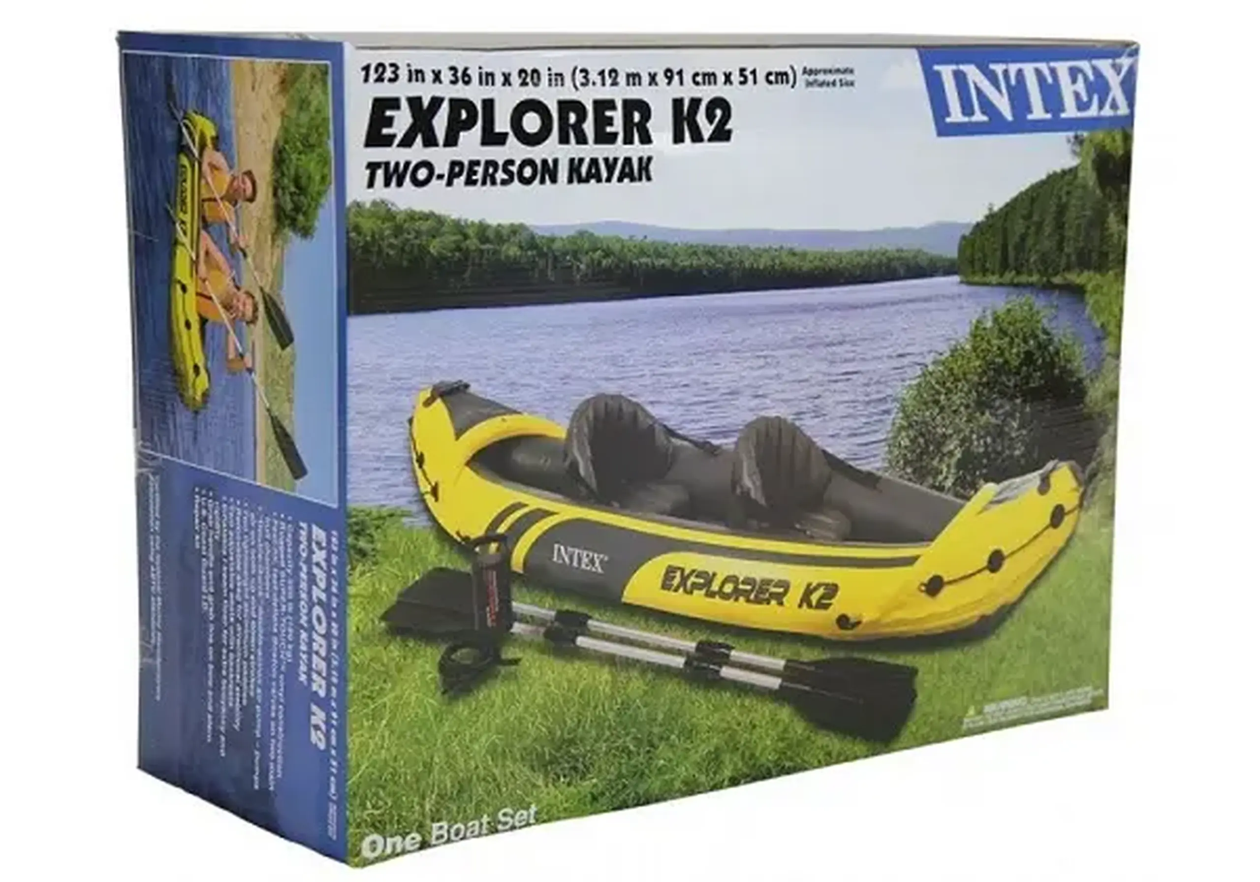 INTEX Caiac gonflabil “Explorer K2” cu vâsle și pompă, 312x91x51 cm, până la 180 kg