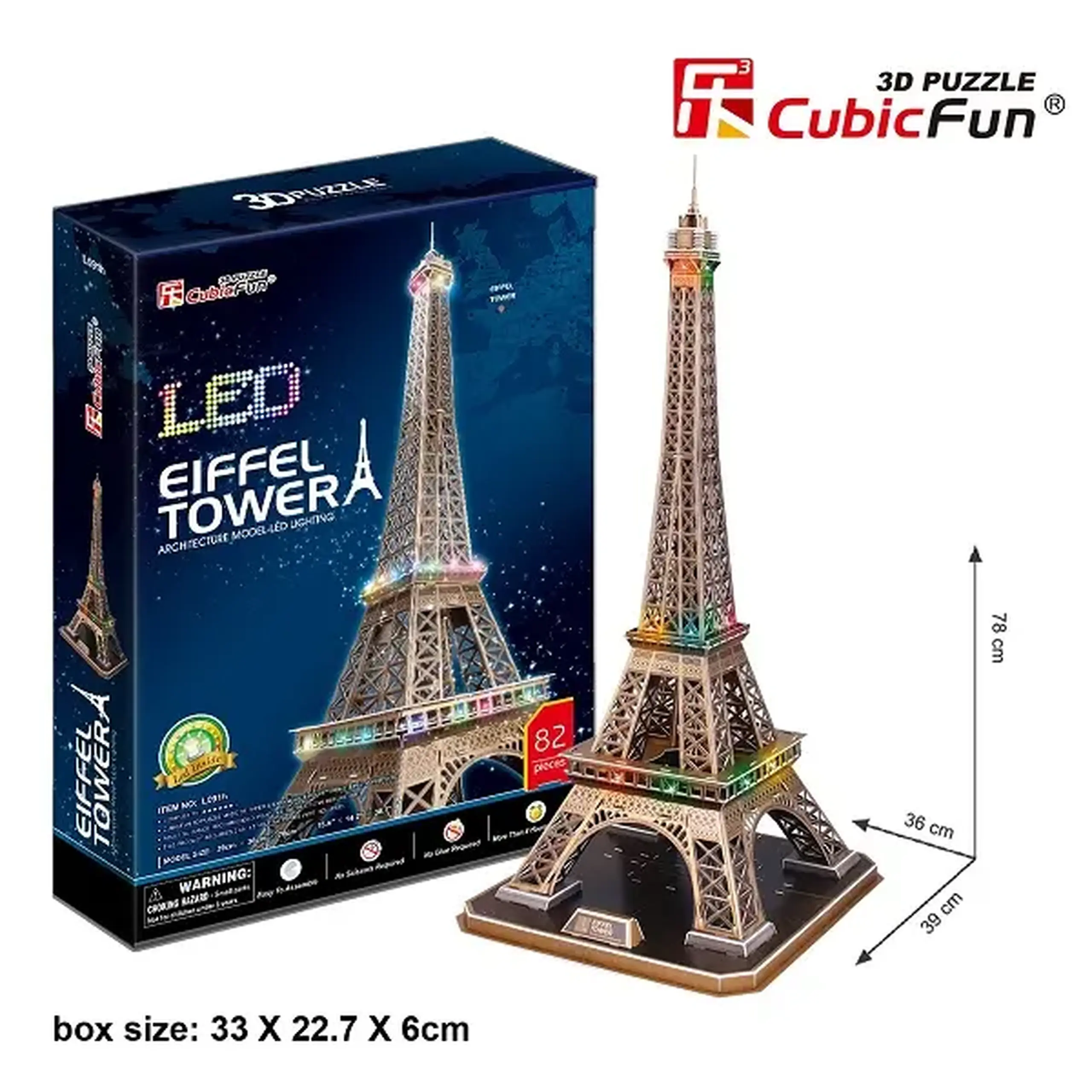 3D Puzzle „Turnul Eiffel” cu iluminare LED, 82 elemente