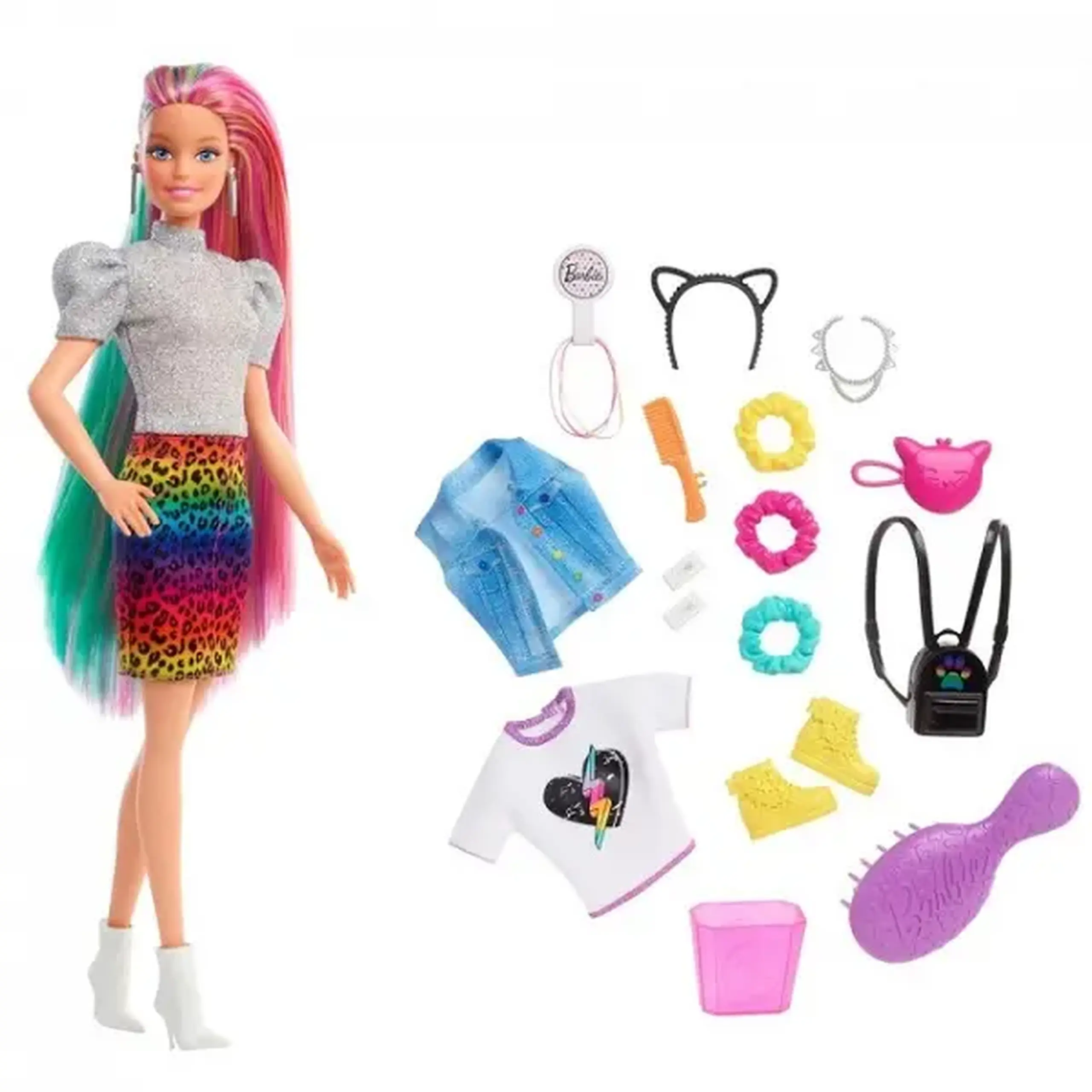 Set de joacă Barbie „Aspect de leopard cu păr în nuanțe de curcubeu”