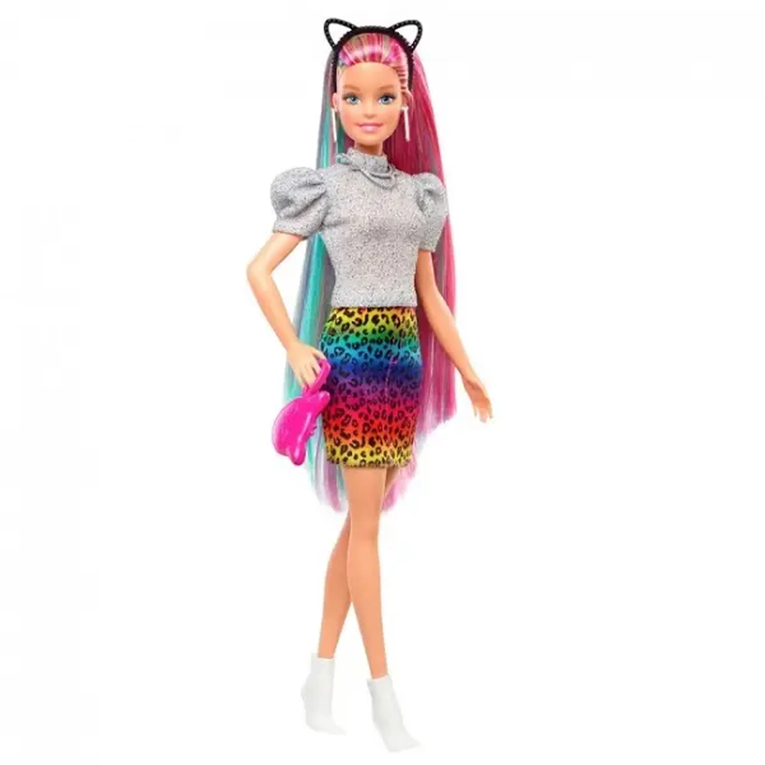 Set de joacă Barbie „Aspect de leopard cu păr în nuanțe de curcubeu”