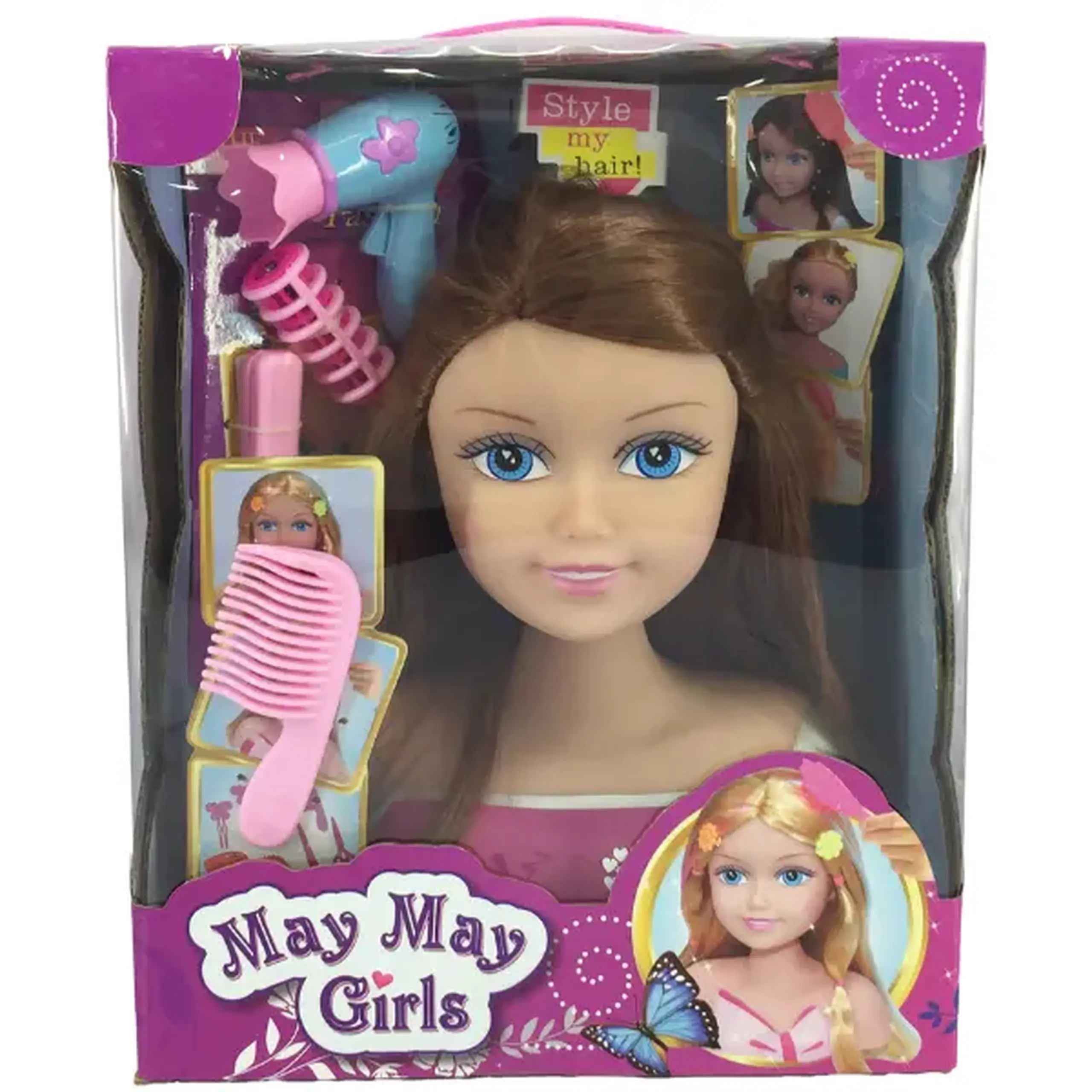 Cap de coafură cu păr brunet, cu accesorii
