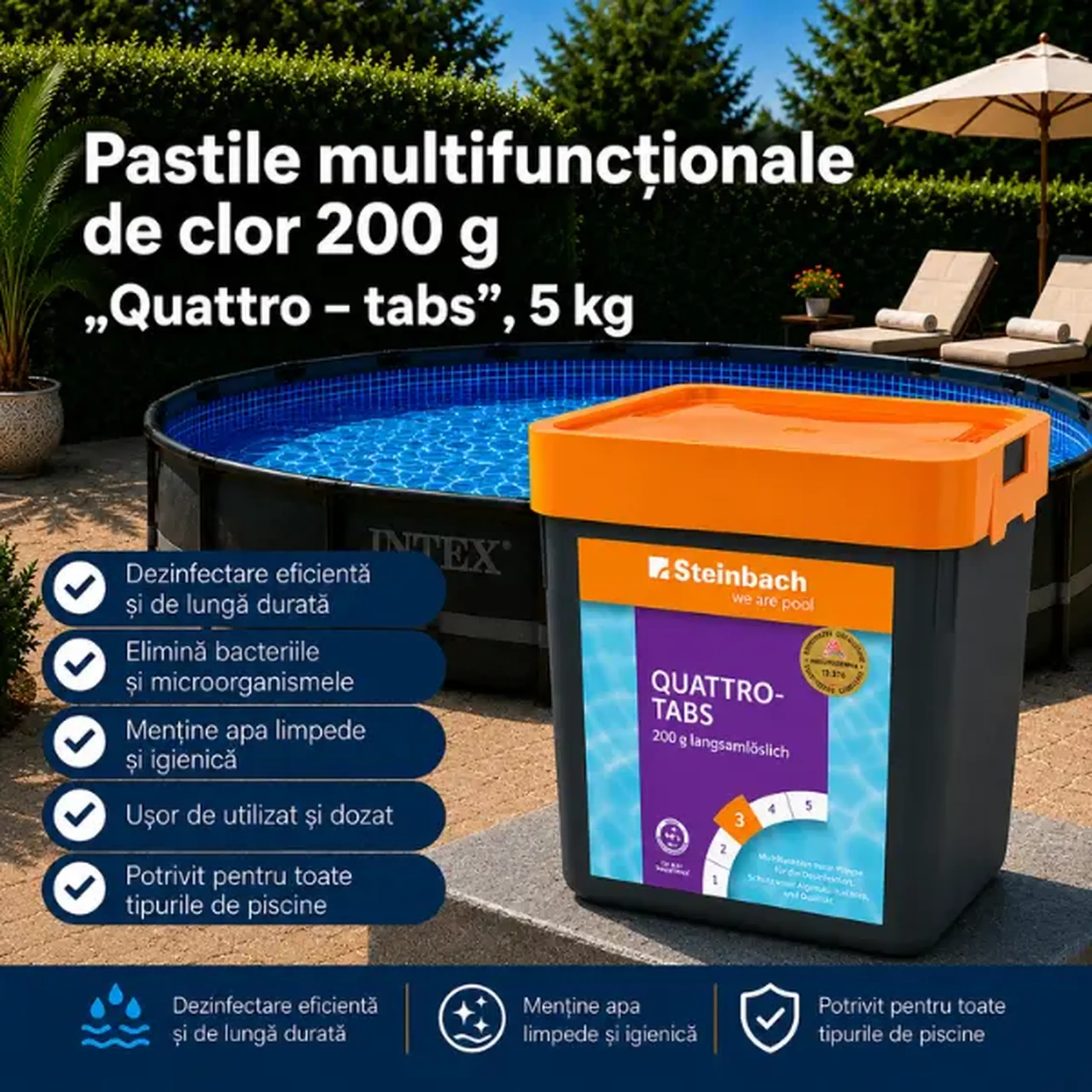 Pastile multifuncționale de clor "Quattro - tabs", 25 buc. х 200 g, 5kg