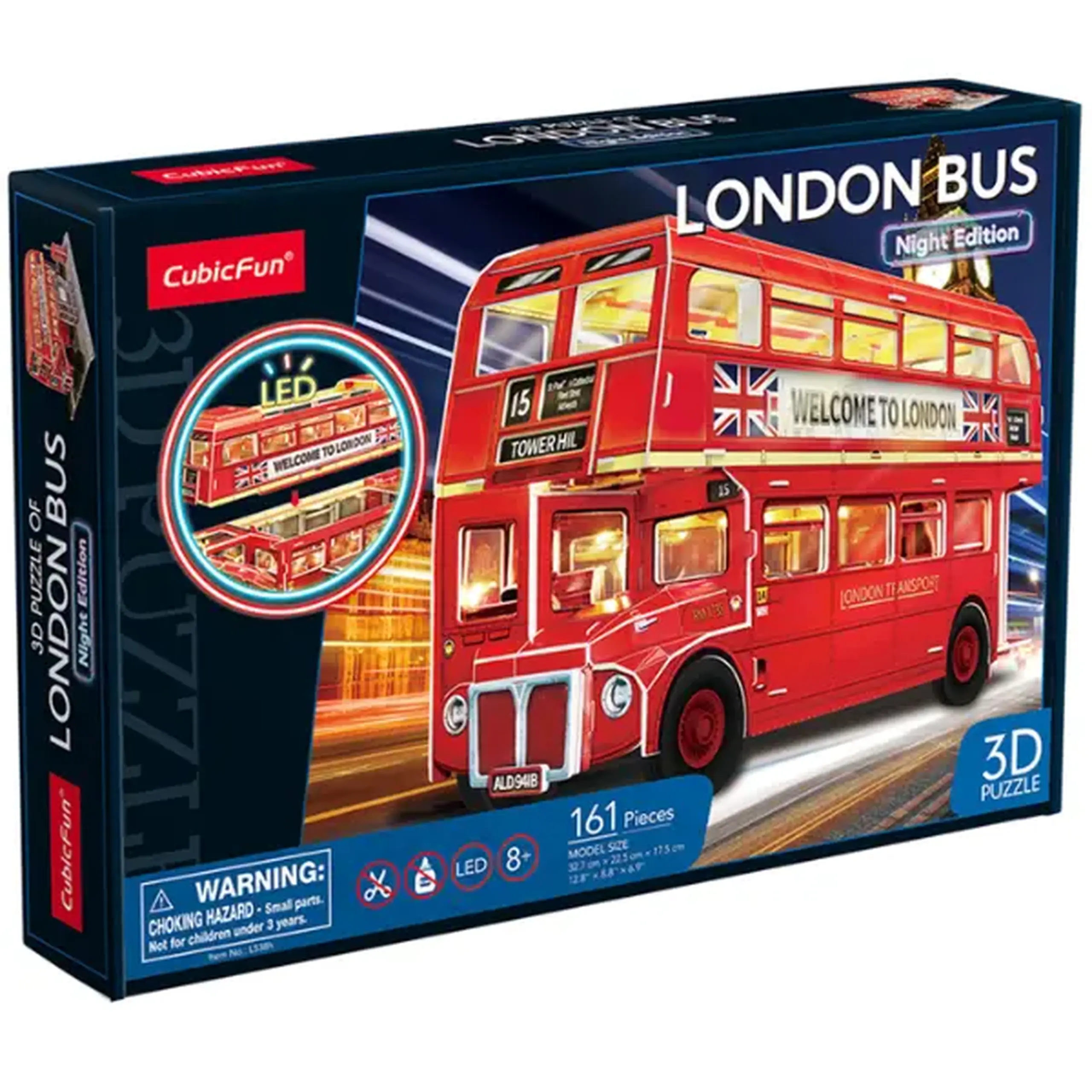 3D puzzle “Autobuz londonez cu 2 etaje”, cu iluminare LED, 161 elemente
