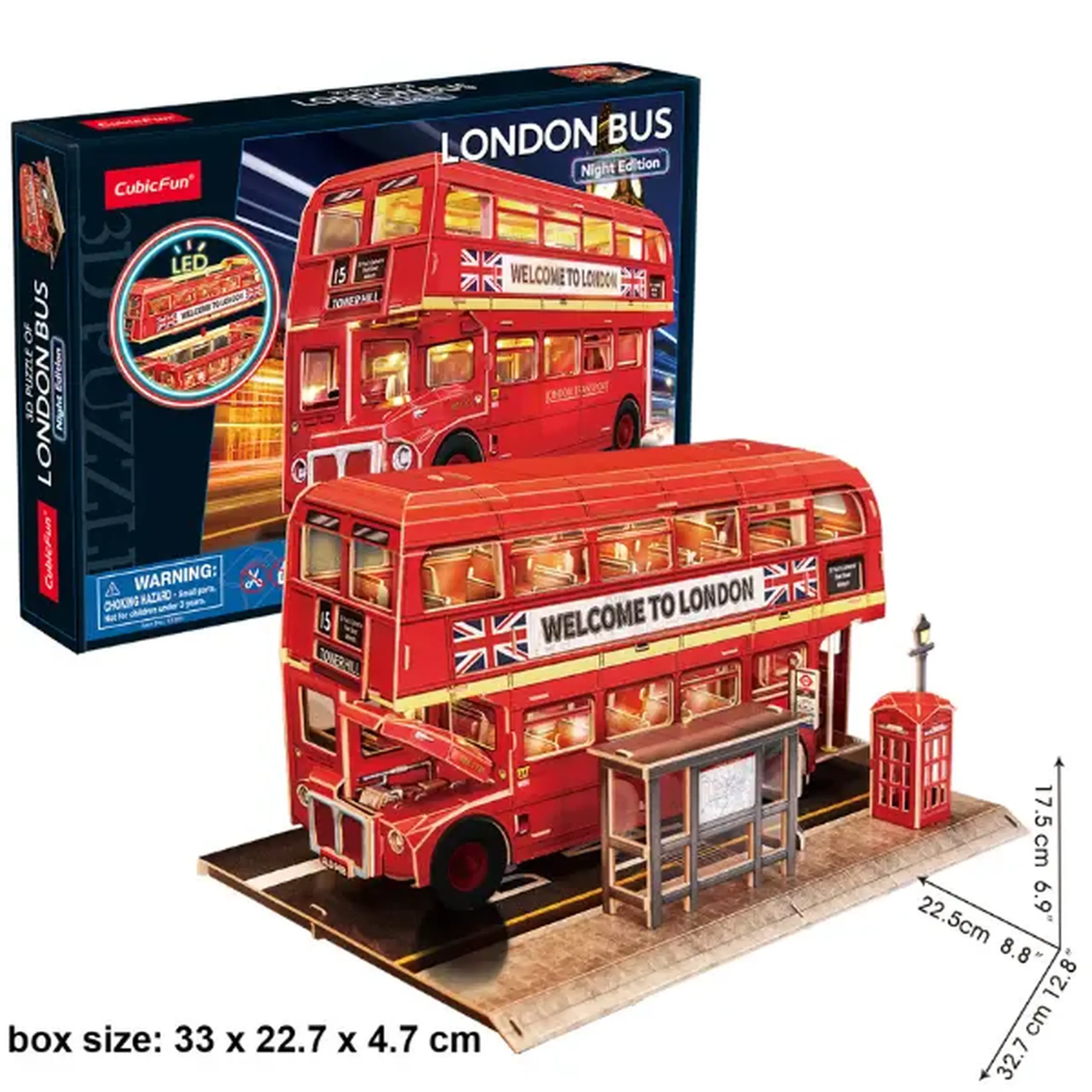 3D puzzle “Autobuz londonez cu 2 etaje”, cu iluminare LED, 161 elemente