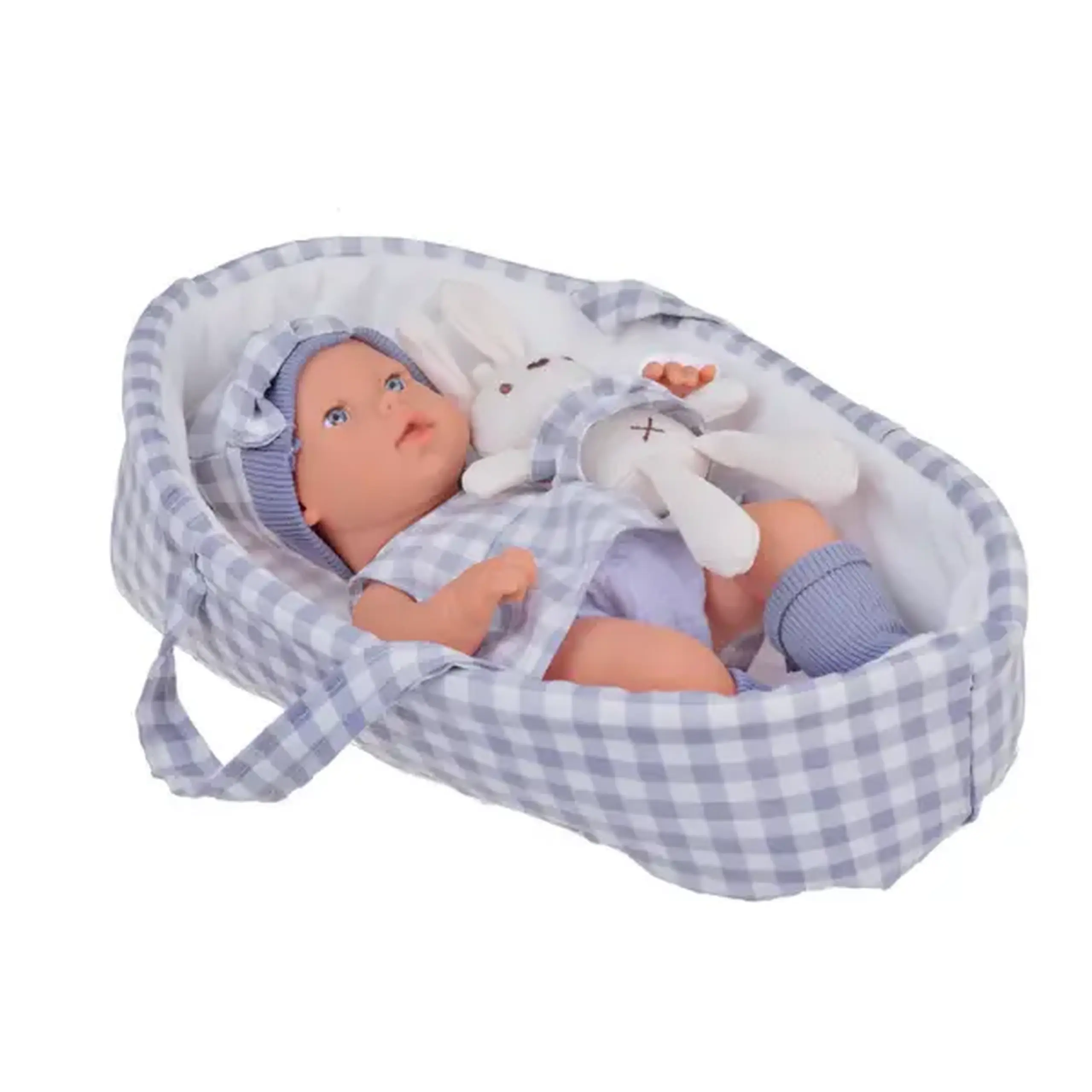 Păpușă „Bebeluș” cu leagăn și iepuraș de pluș, 33 cm
