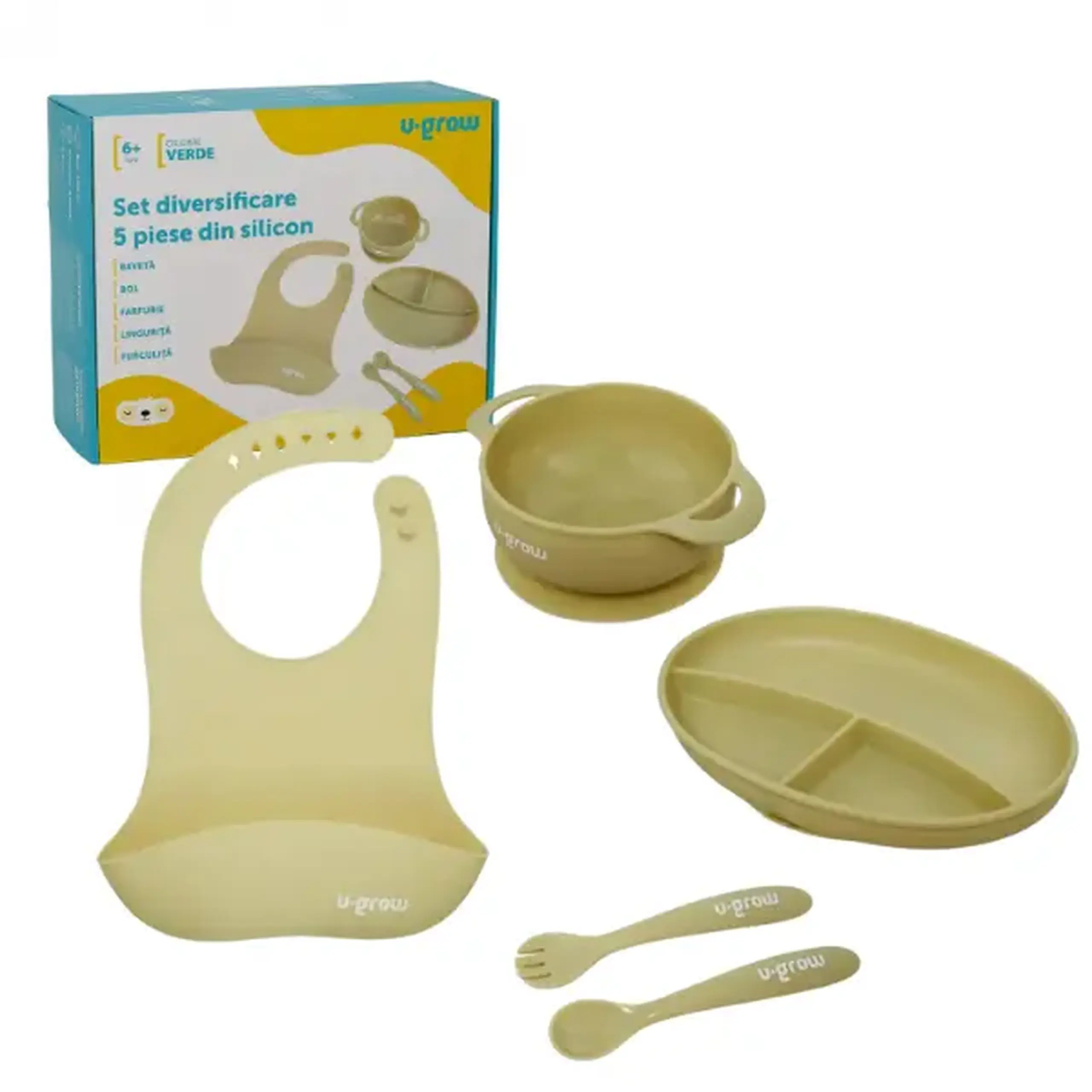 Set diversificare 5 piese din silicon: bavetă, bol, farfurie, linguriță și furculiță, Olive