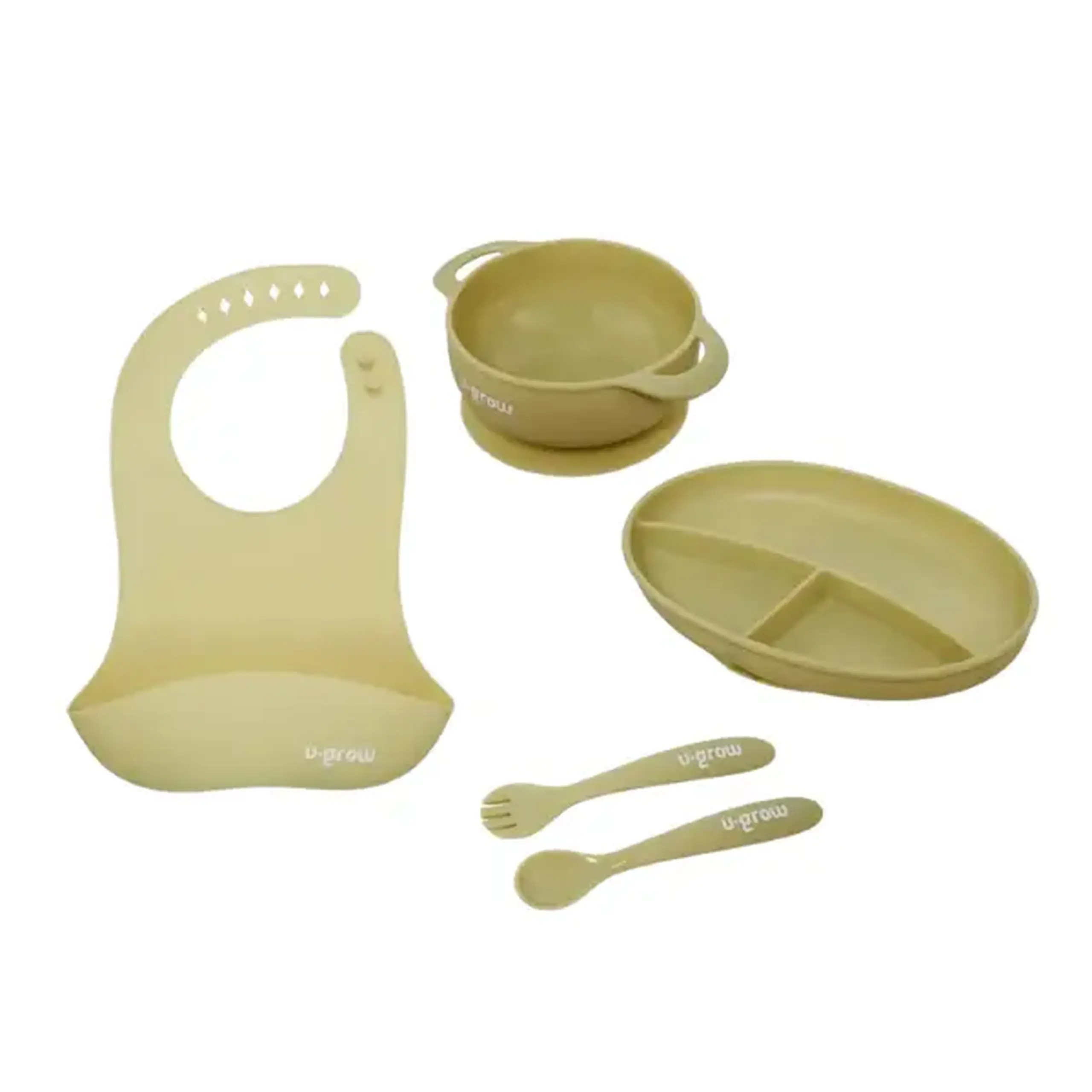 Set diversificare 5 piese din silicon: bavetă, bol, farfurie, linguriță și furculiță, Olive