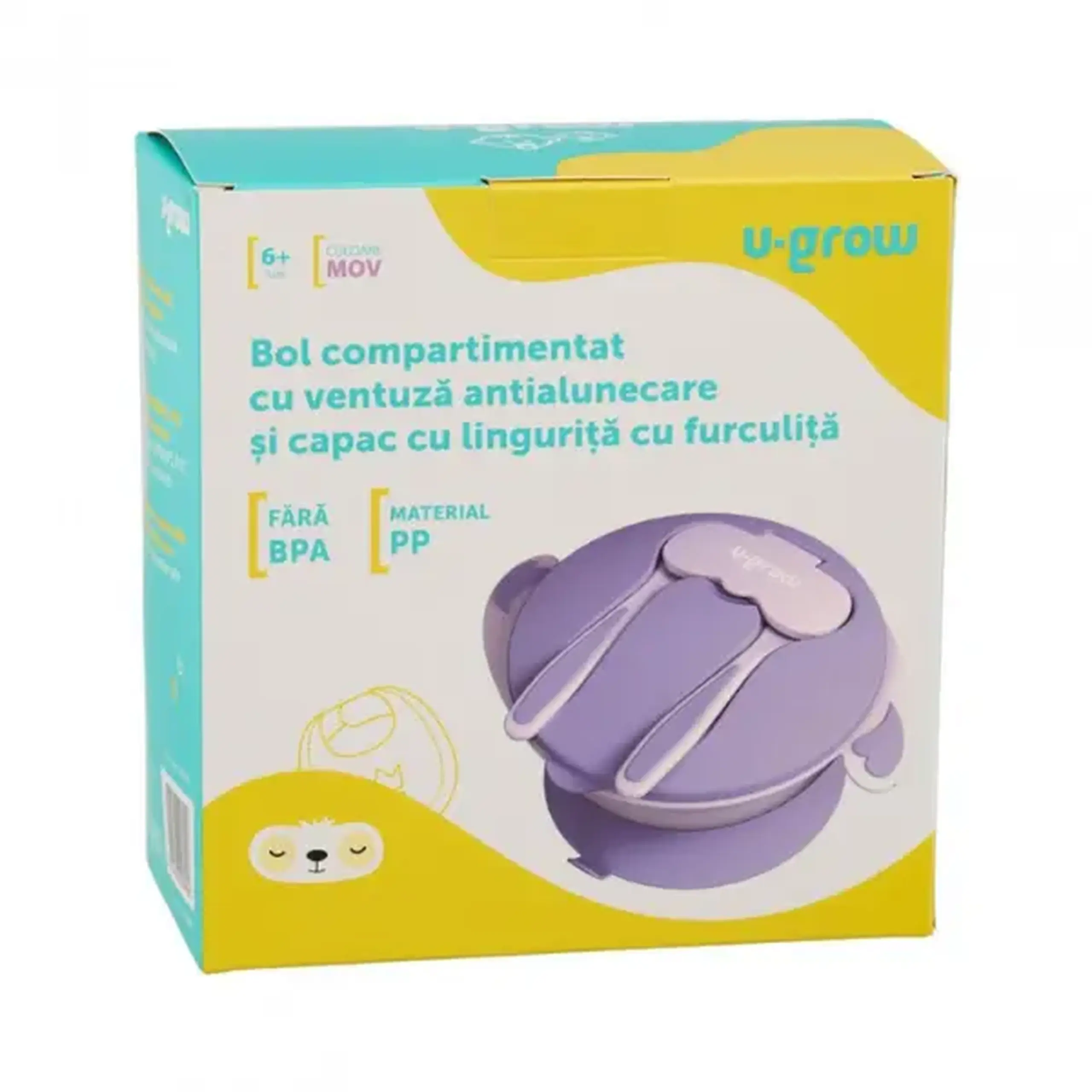 Bol compartimentat cu ventuză antialunecare și capac cu linguriță și furculiță, Mov