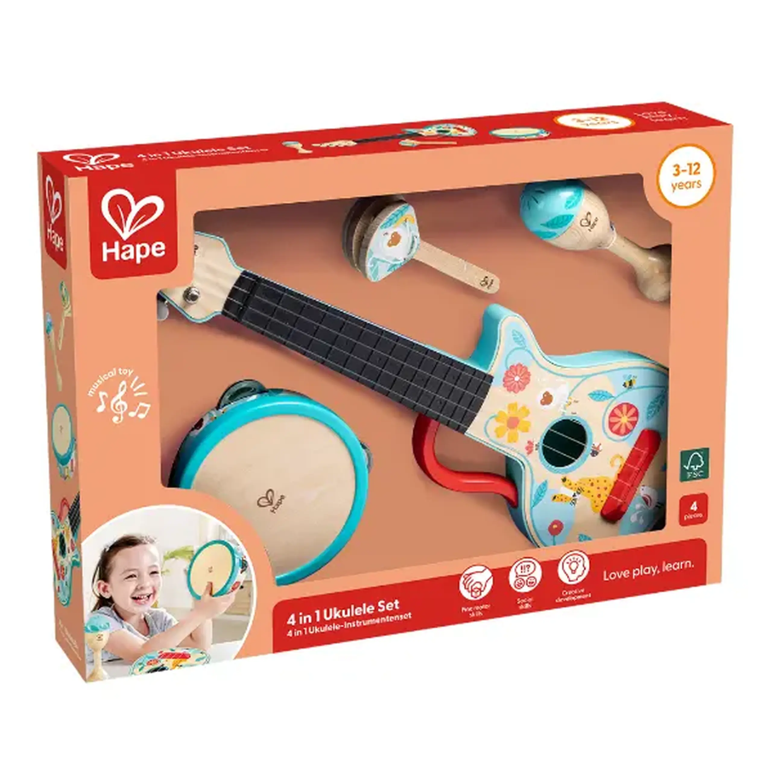 Set de instrumente muzicale 4 în 1 "Ukulele"
