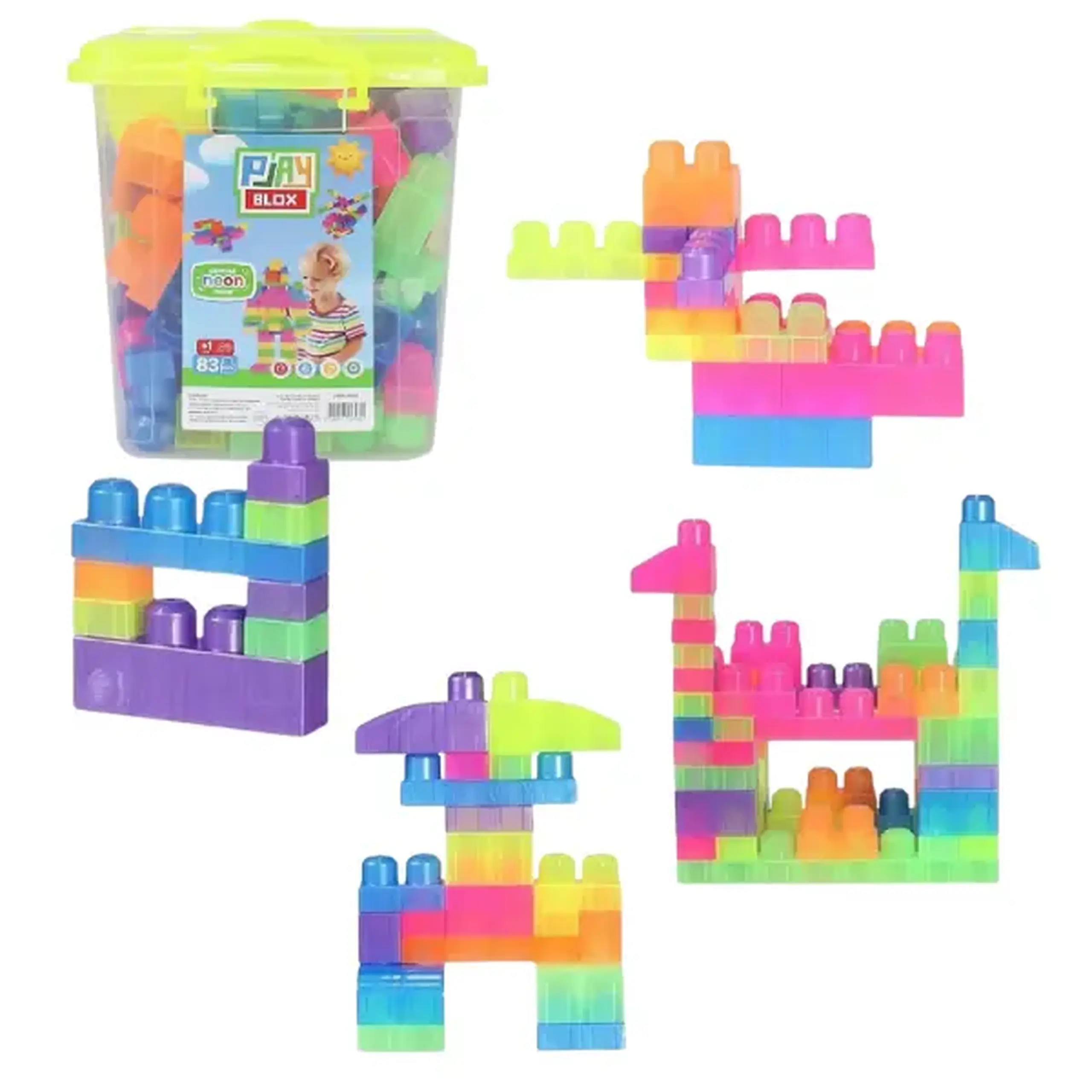 Set de construcție Găleată cu blocuri neon "Play Blox", 83 piese
