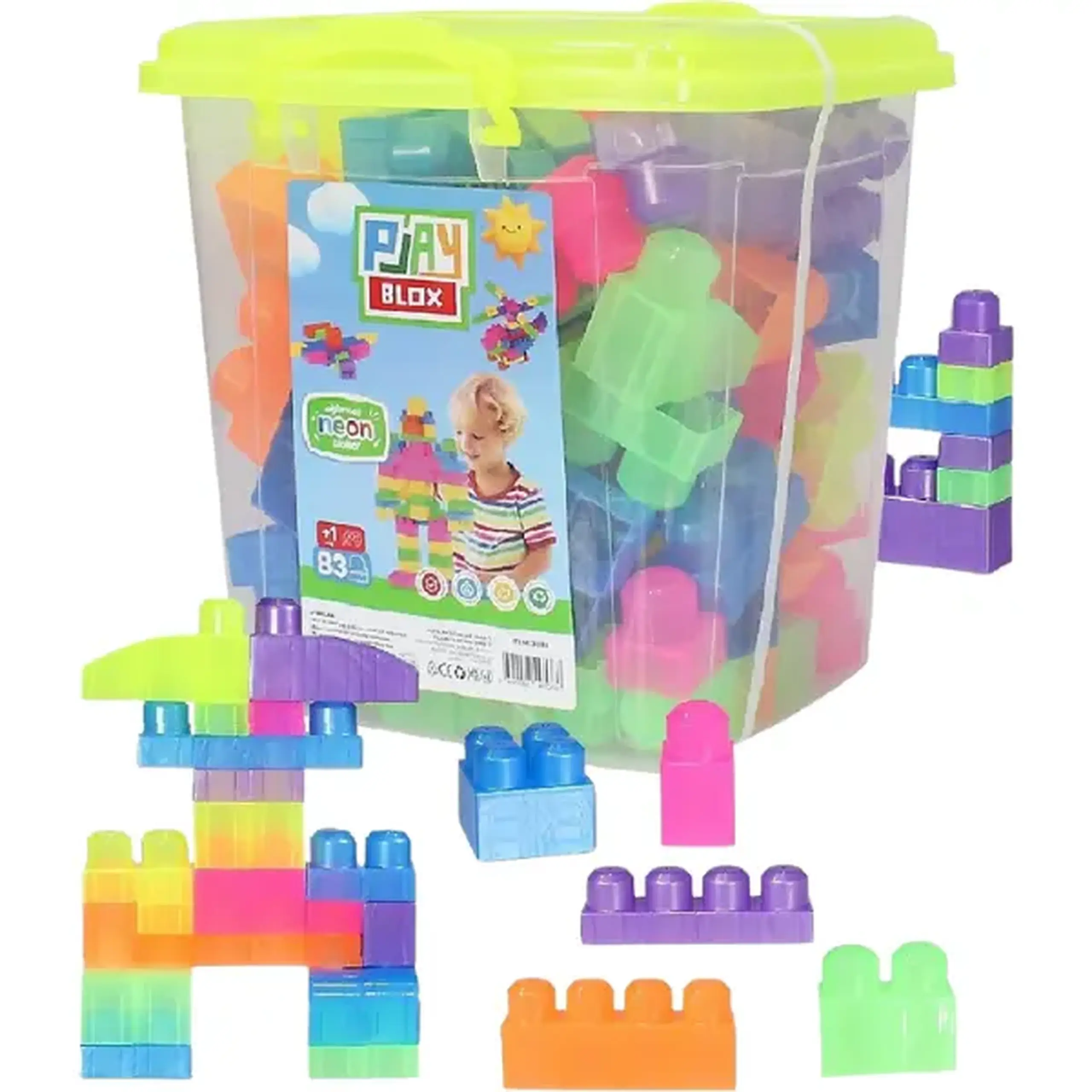 Set de construcție Găleată cu blocuri neon "Play Blox", 83 piese