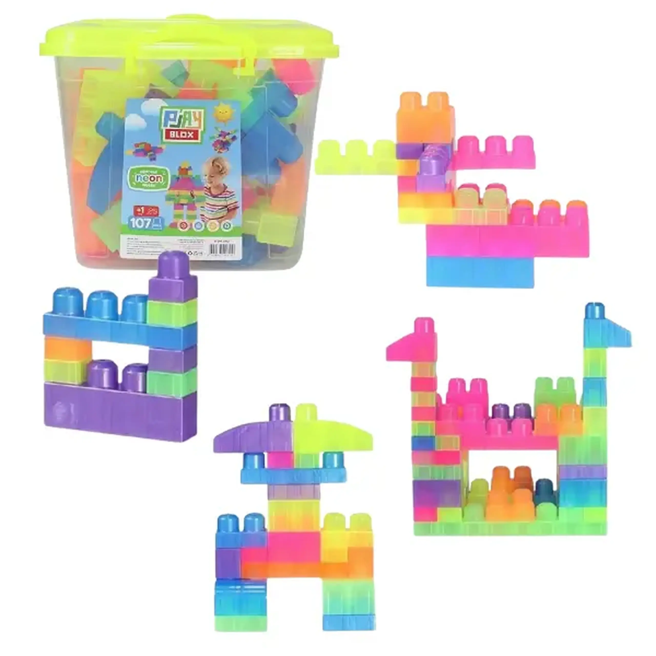 Set de construcție Găleată cu blocuri neon "Play Blox", 107 piese