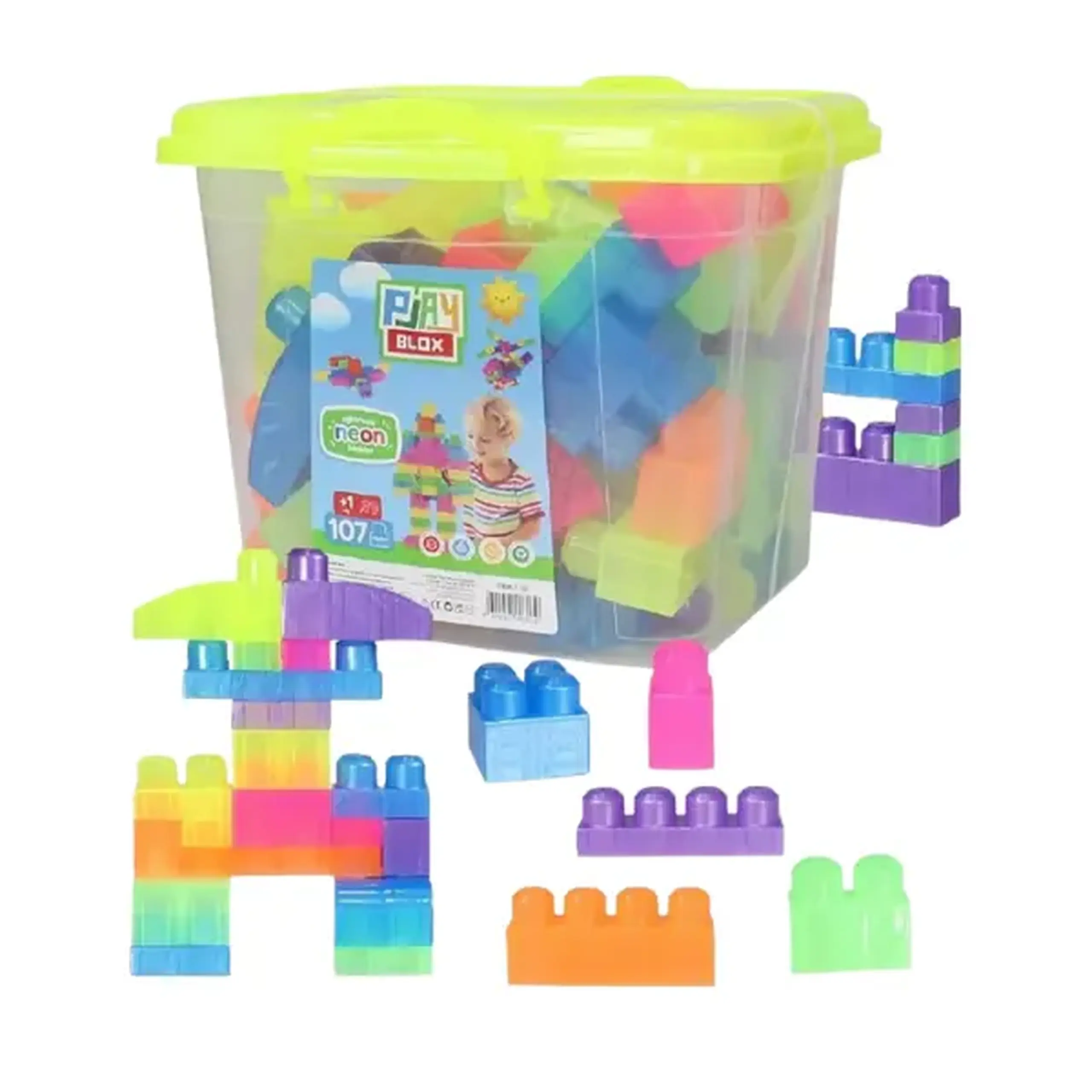 Set de construcție Găleată cu blocuri neon "Play Blox", 107 piese