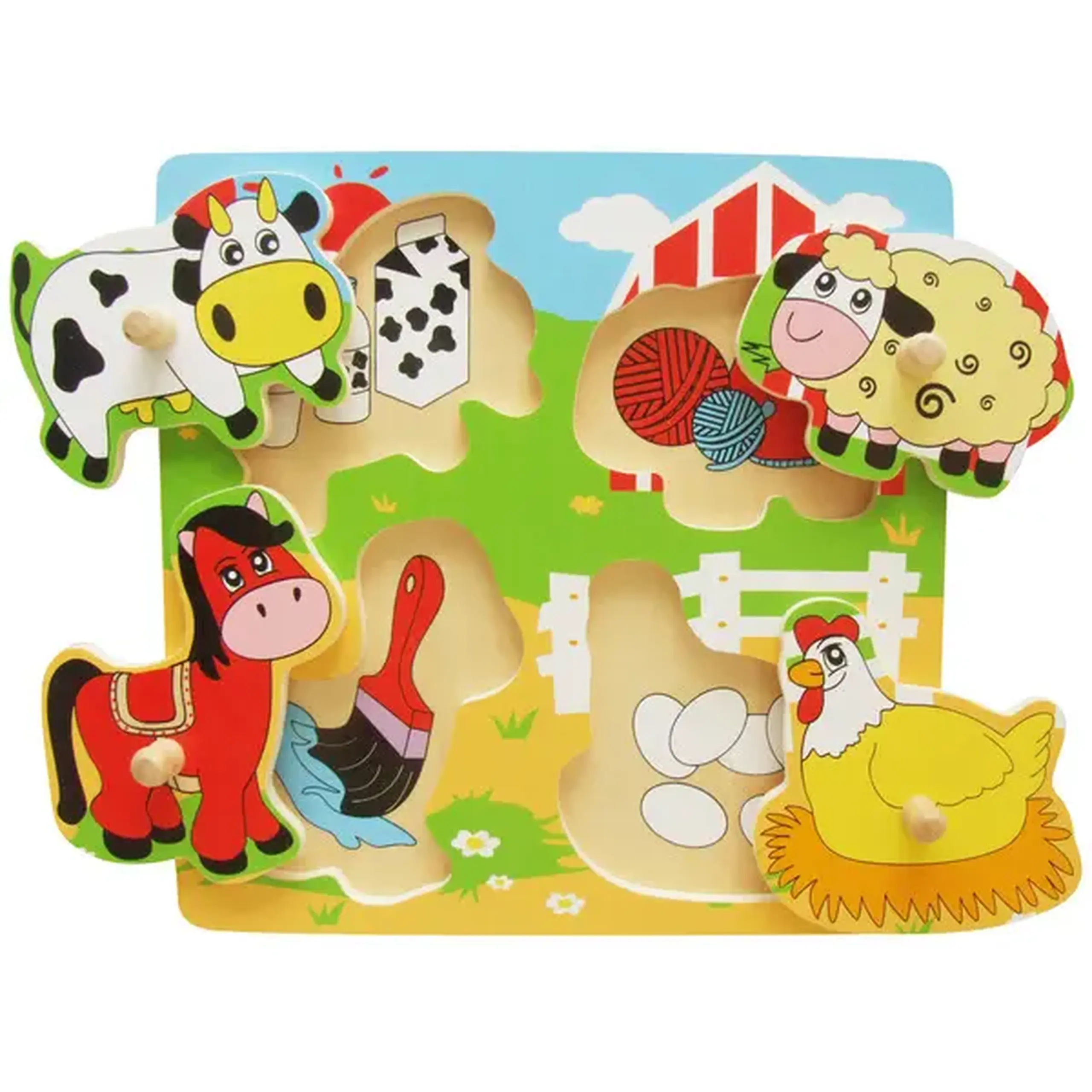 Puzzle din lemn cu buton „Locuitorii fermei”