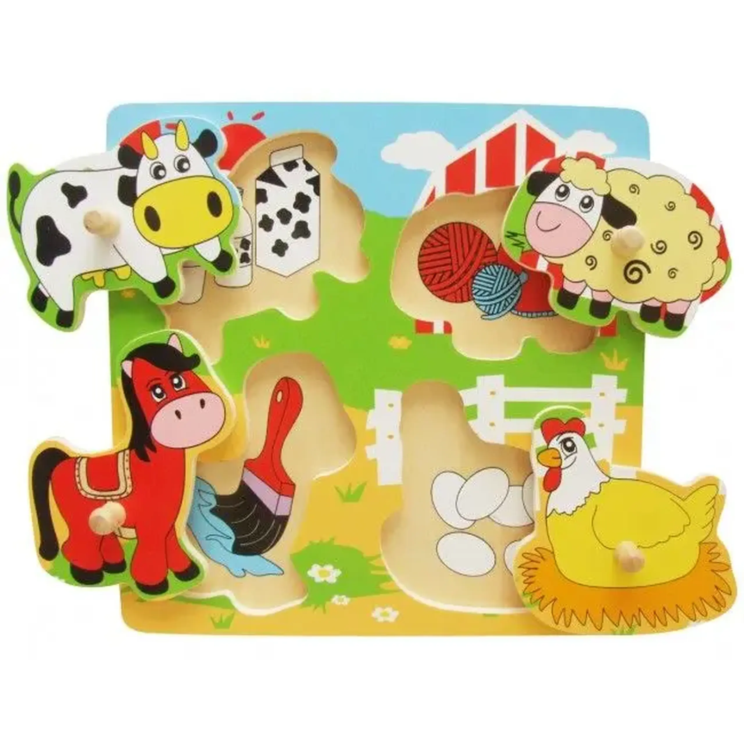 Puzzle din lemn cu buton „Locuitorii fermei”
