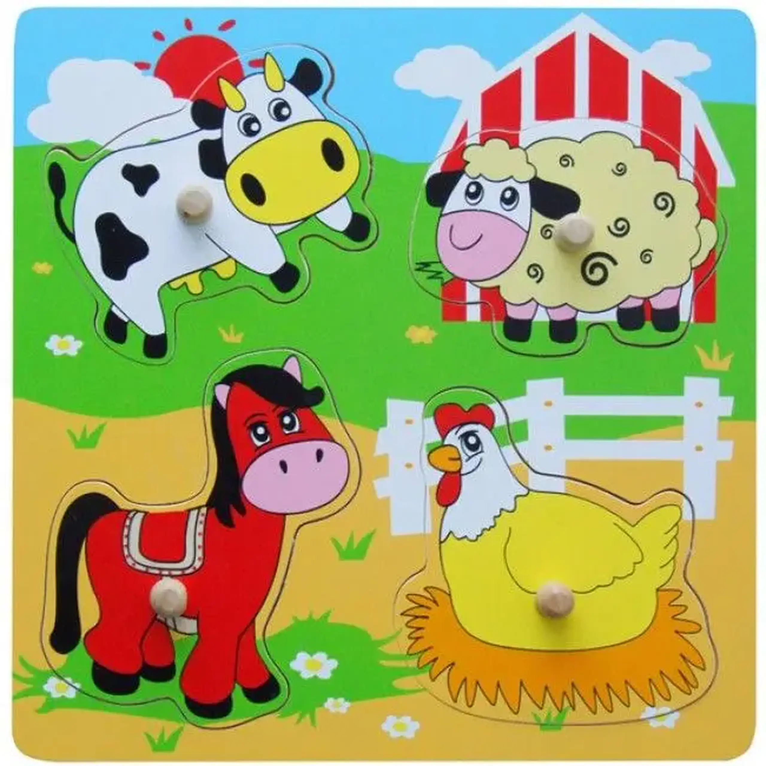 Puzzle din lemn cu buton „Locuitorii fermei”