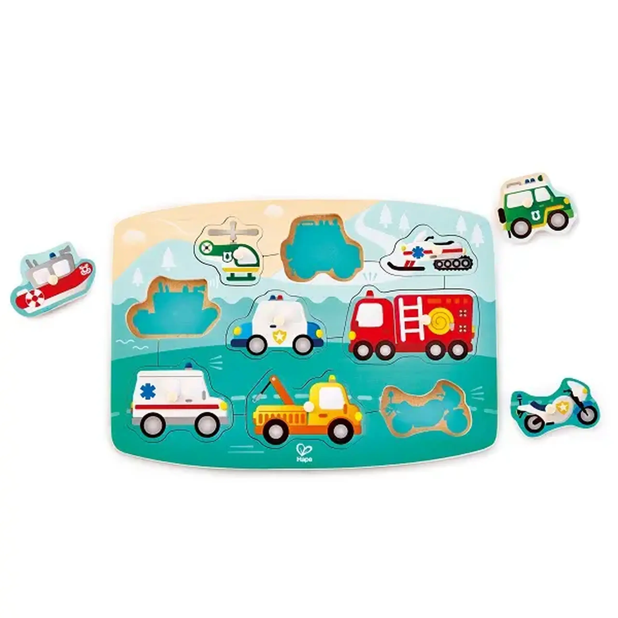 Puzzle din lemn cu buton „Mașini de prim ajutor”