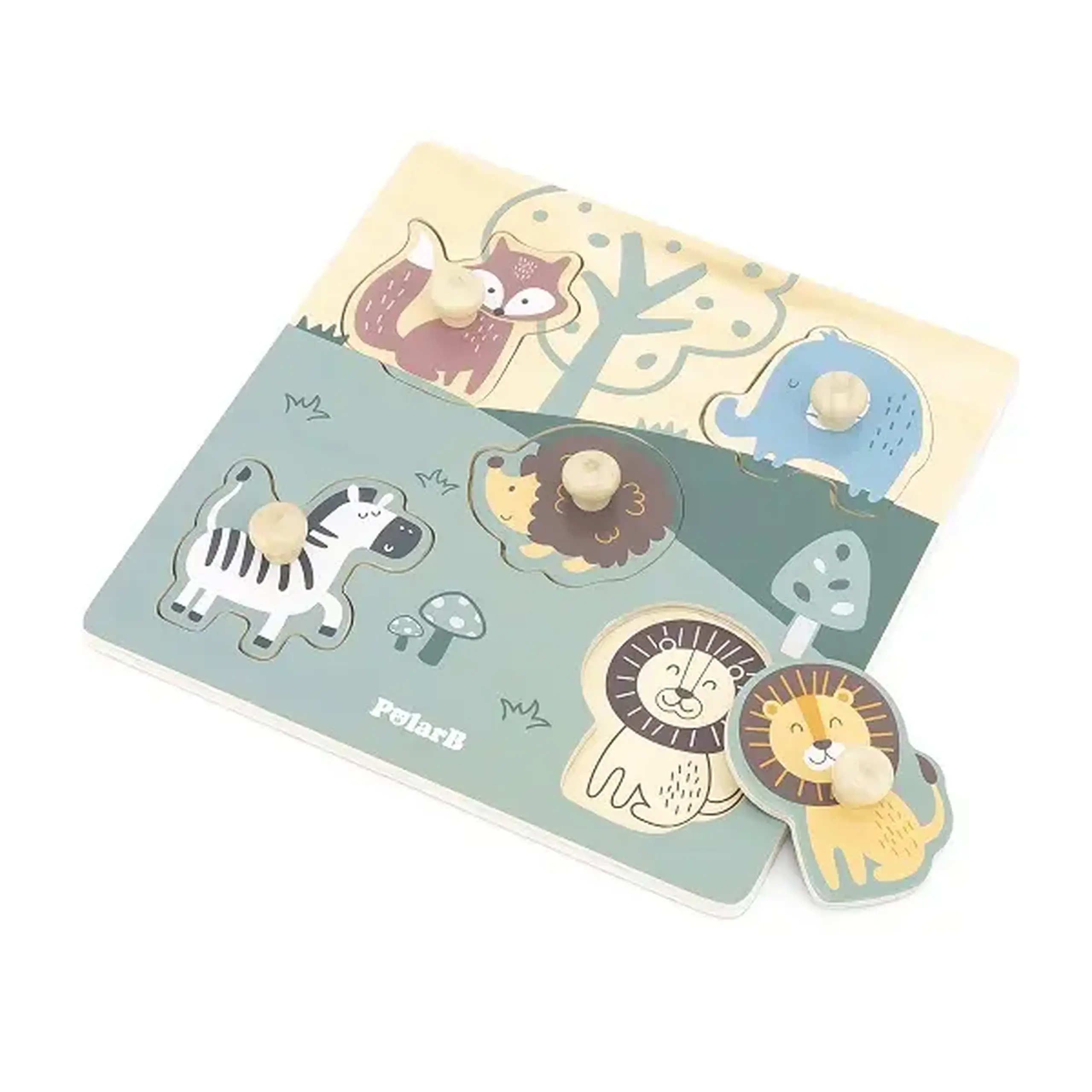 Puzzle din lemn cu buton „Animale sălbatice" 5 elem.
