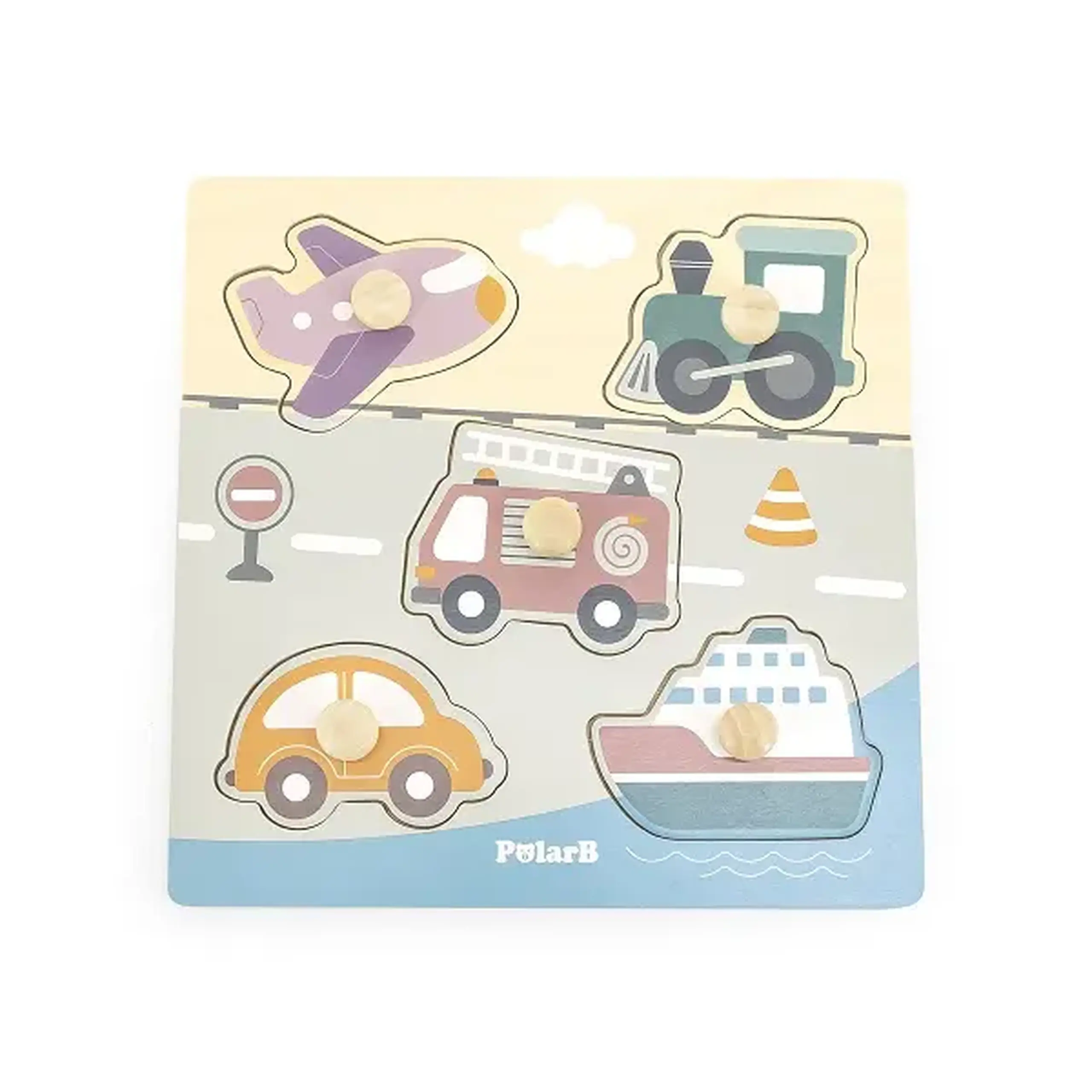 Puzzle din lemn cu buton „Mijloace de transport" 5 elem.
