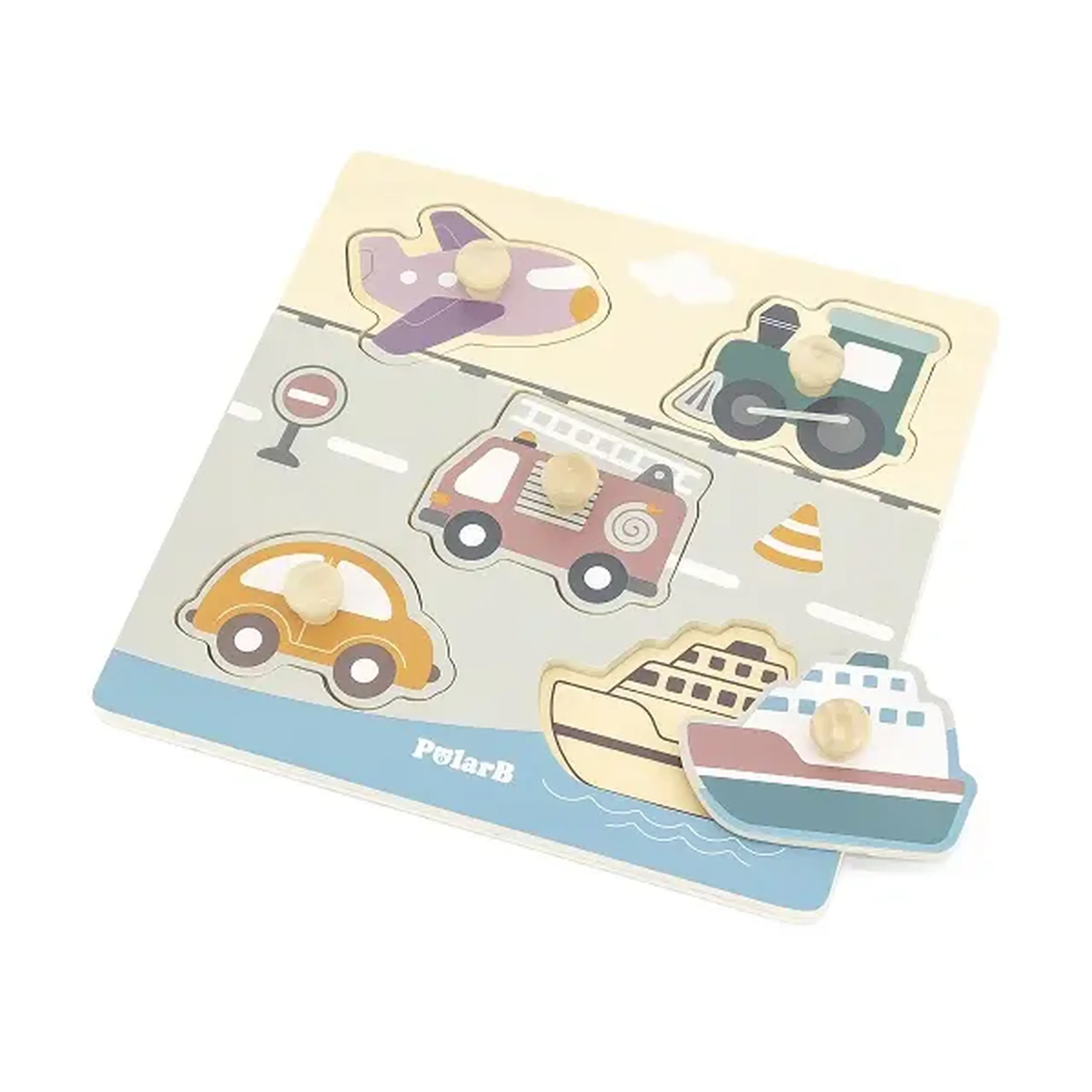 Puzzle din lemn cu buton „Mijloace de transport" 5 elem.