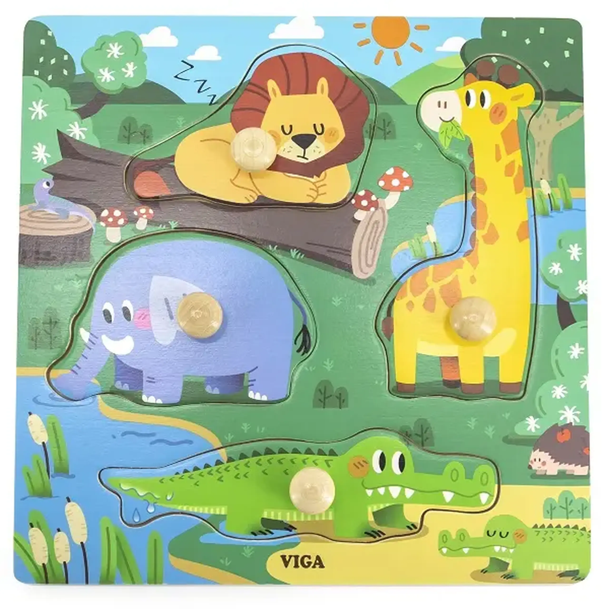 Puzzle din lemn cu buton „Animale sălbatice"