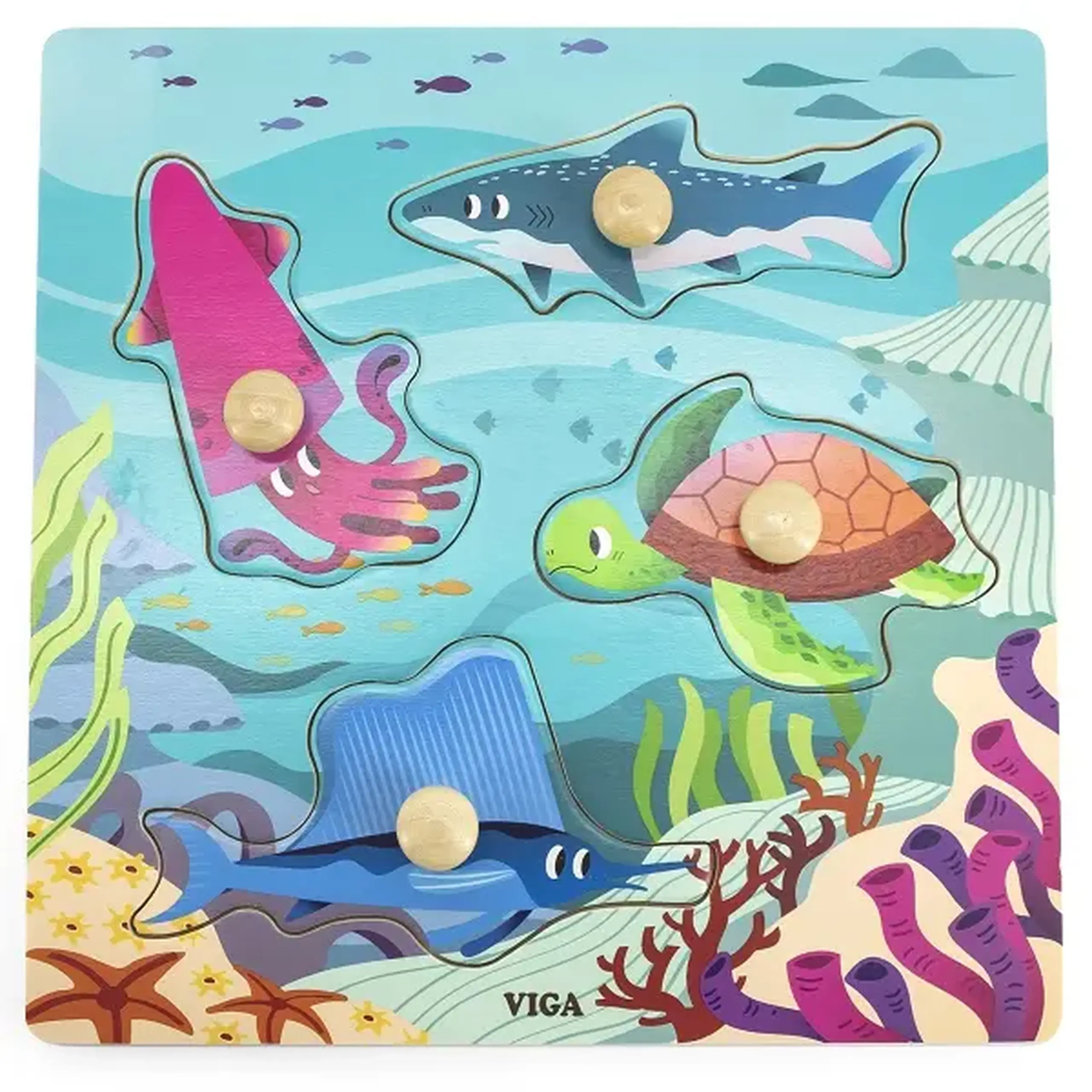 Puzzle din lemn cu buton „Animale acvatice"