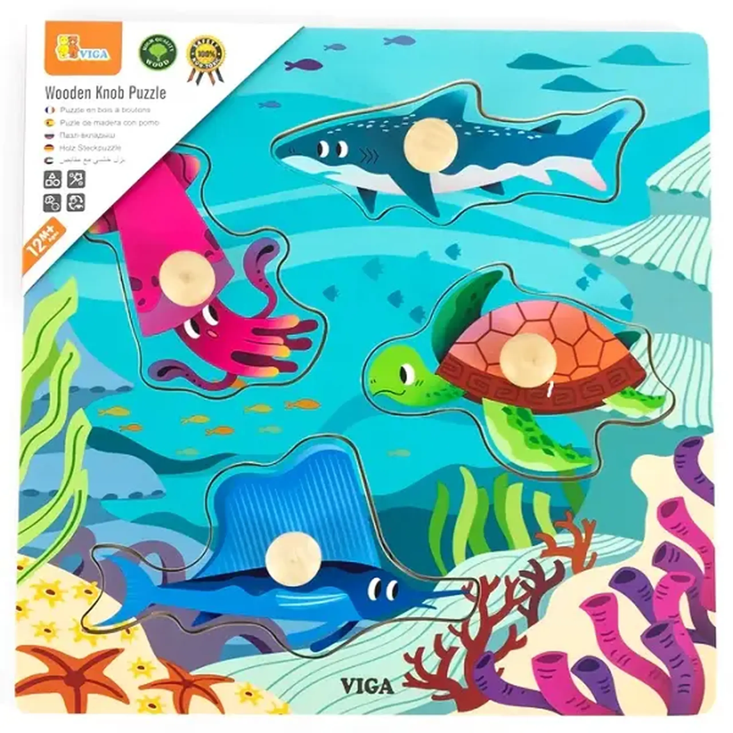 Puzzle din lemn cu buton „Animale acvatice"