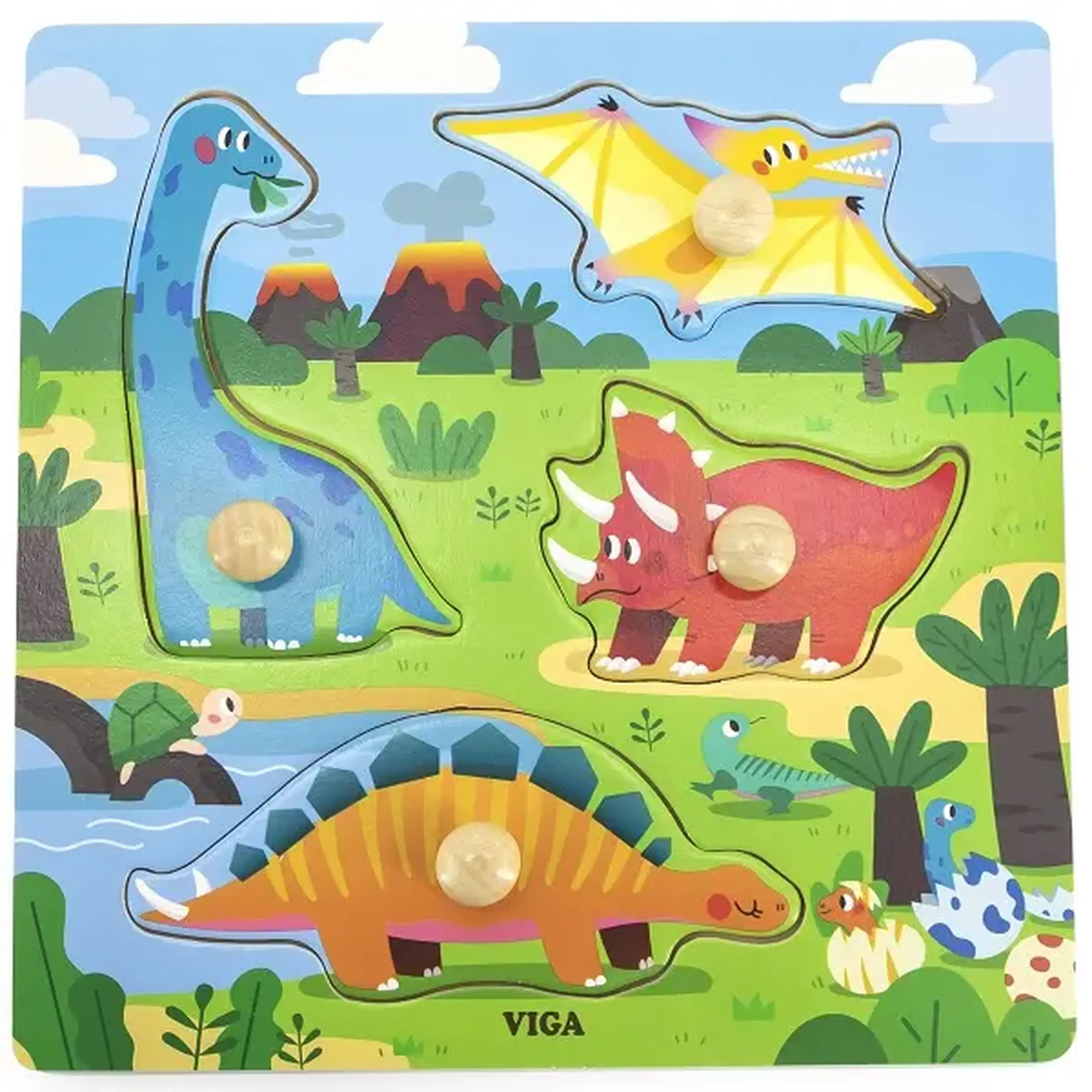Puzzle din lemn cu buton „Dinozauri"