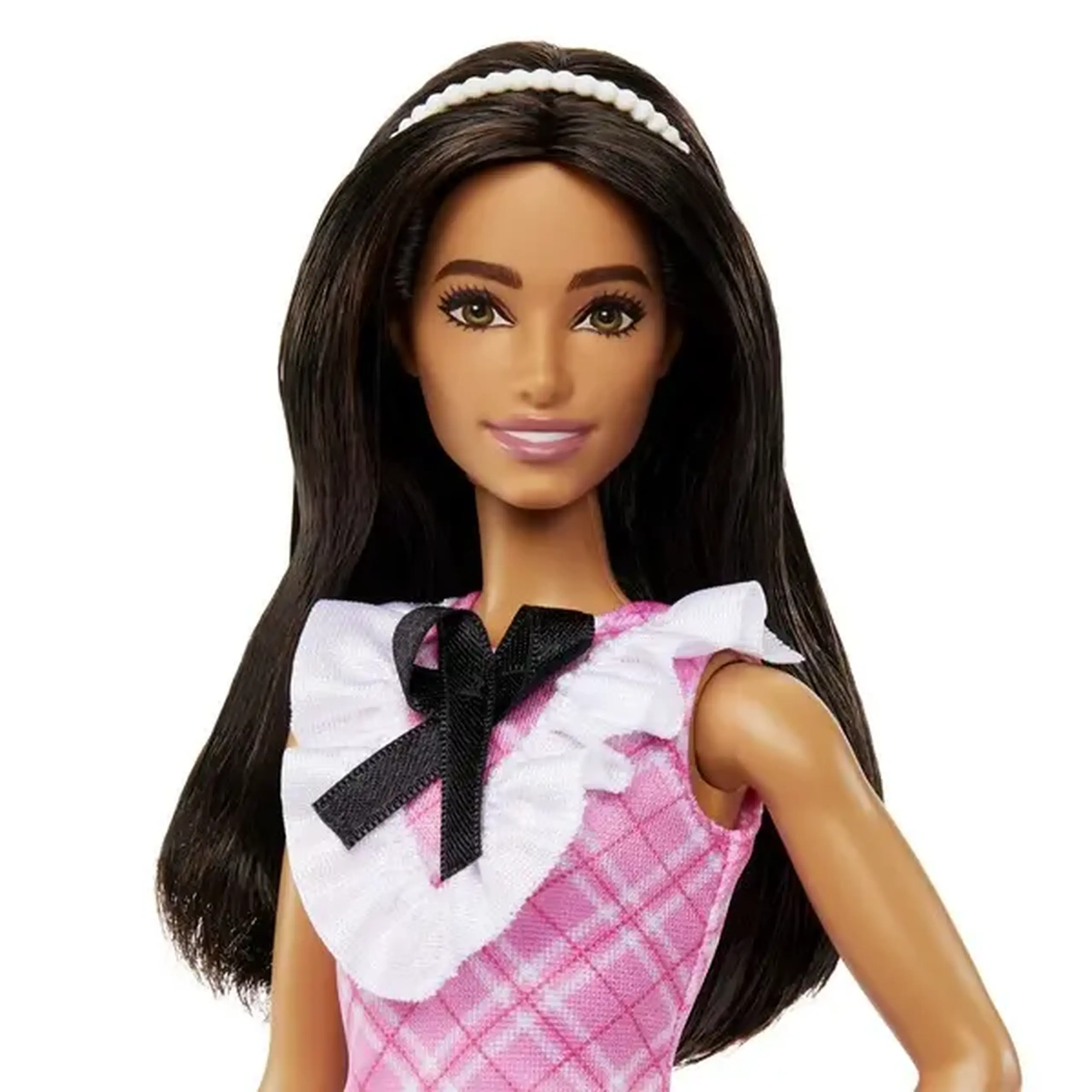 Păpușa Barbie "Fashionista cu părul negru și rochie cu carouri”