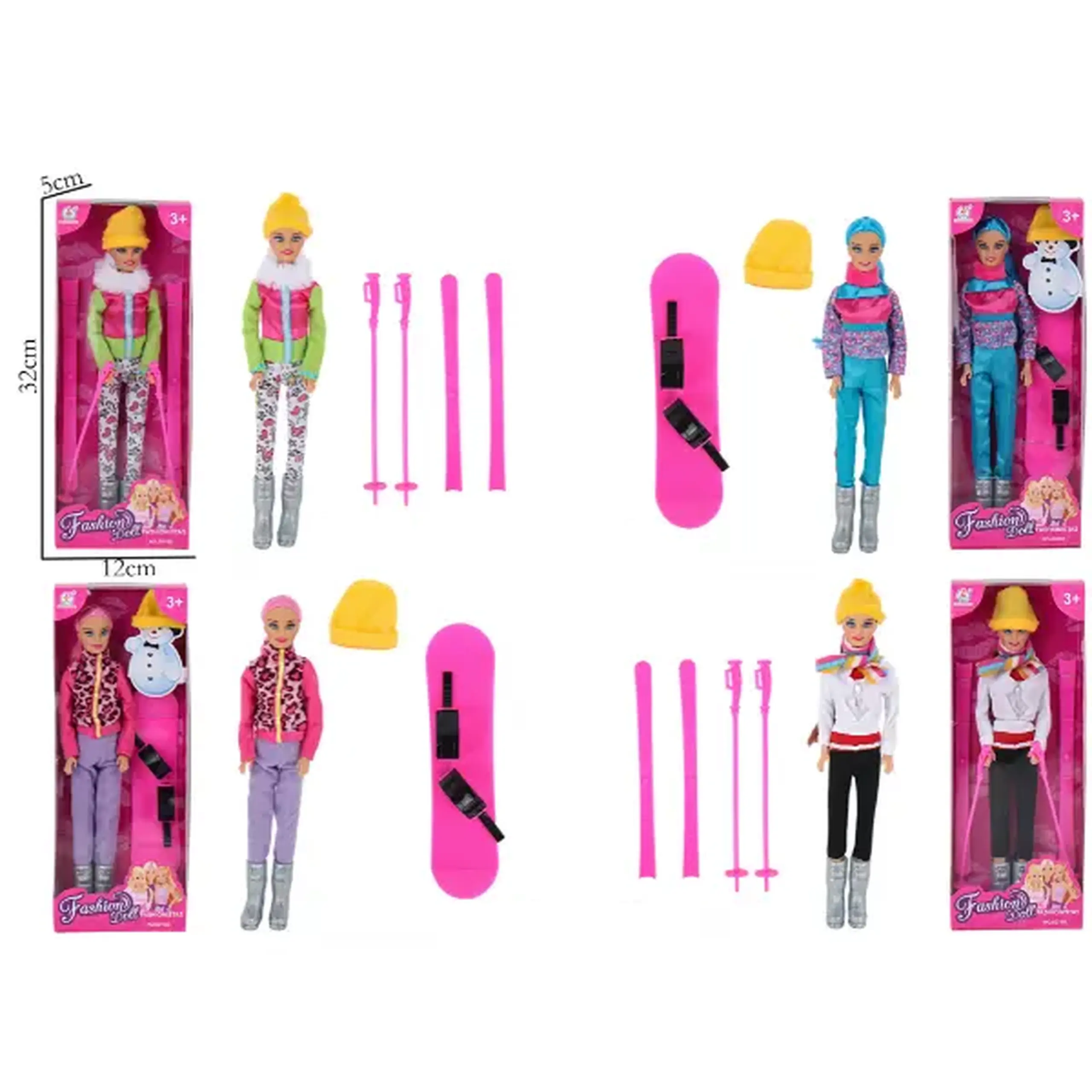 Păpușă în costum de ski, cu accesorii, 29 cm, 4 modele