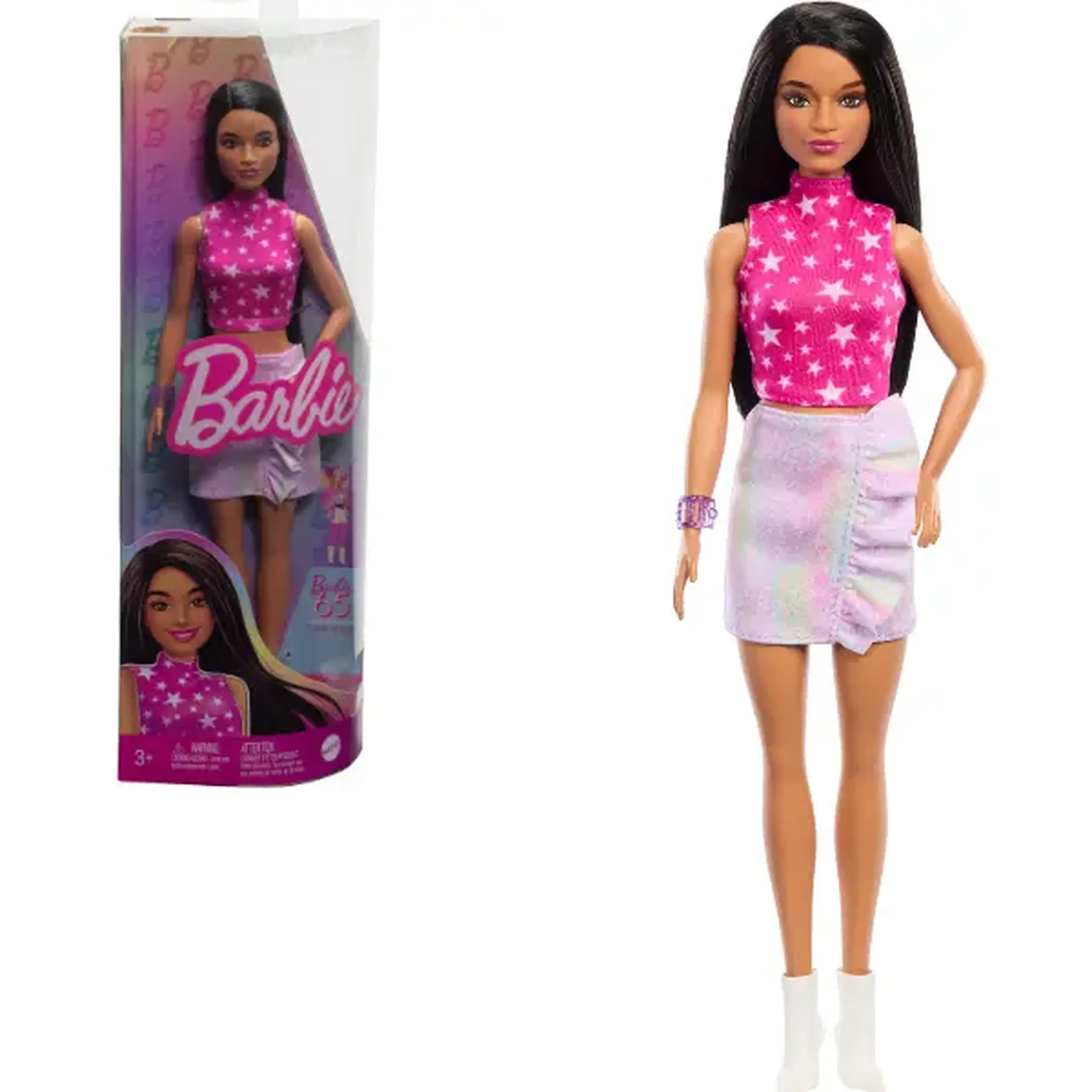 Păpușa Barbie "Fashionista cu păr negru drept și fustă iridescentă"