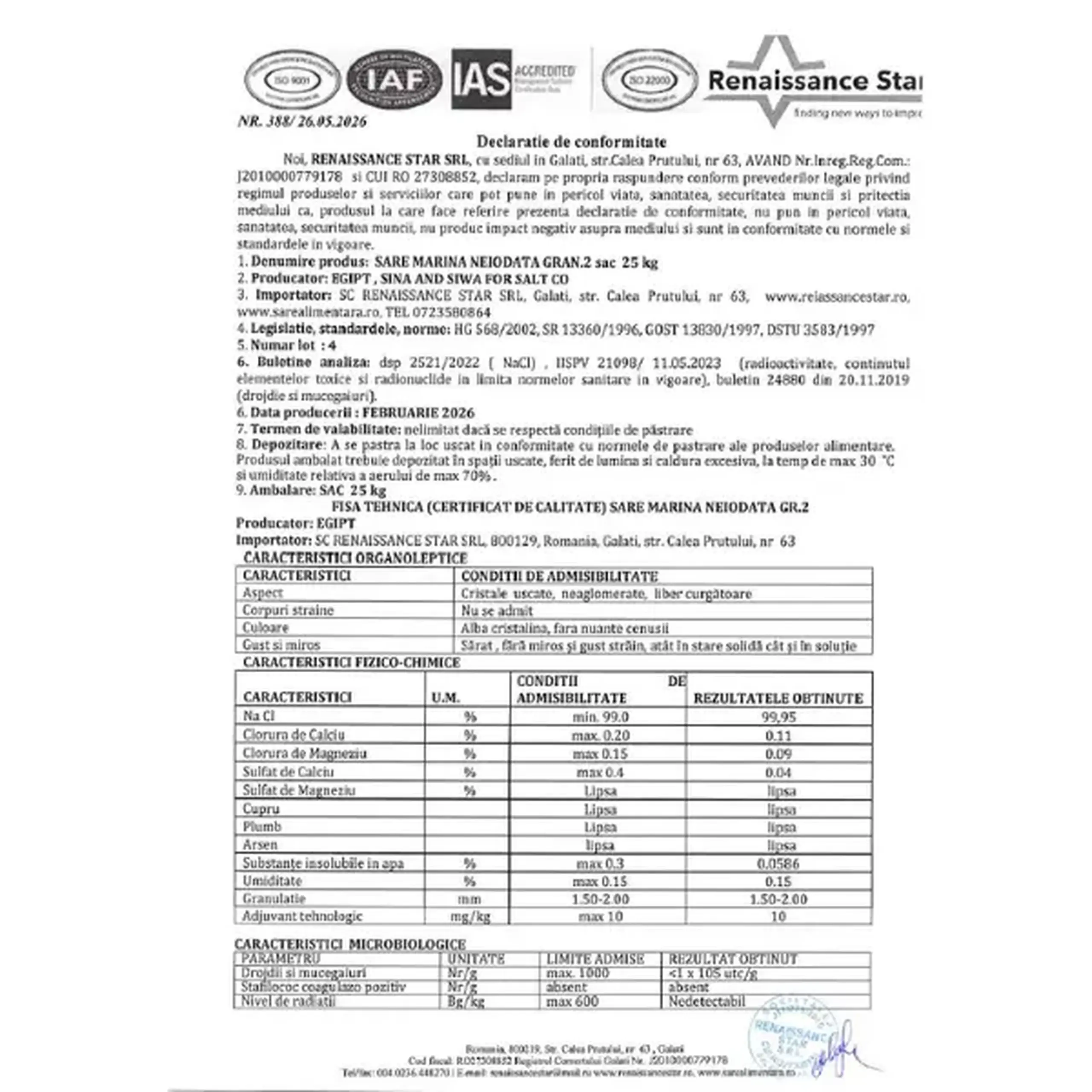 Sare granulată NaCI, min 99% (25 kg)