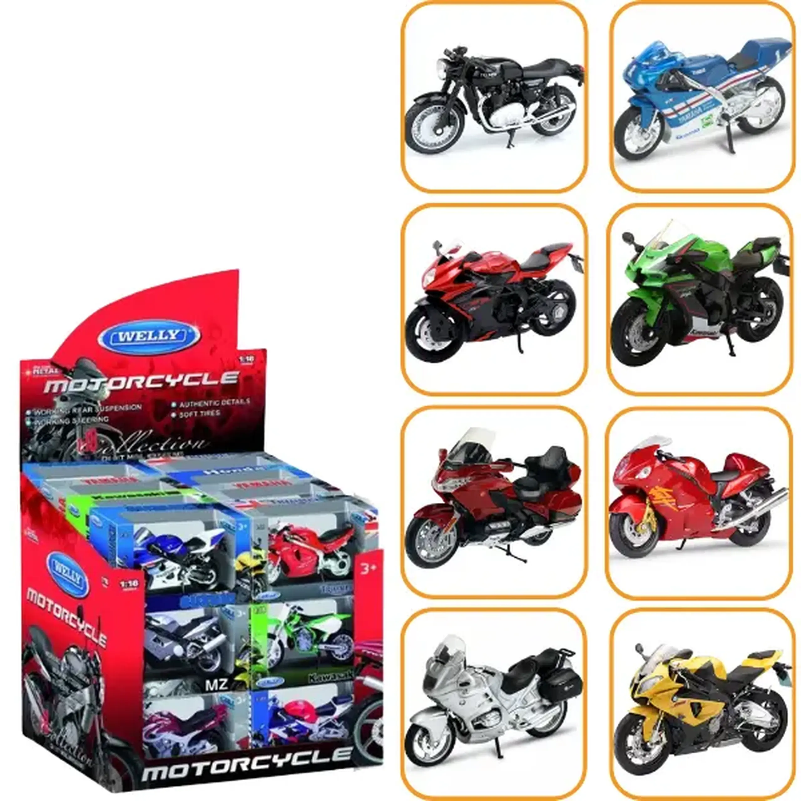 Motociclete metalice de colecție 1:18 Welly, 8 modele
